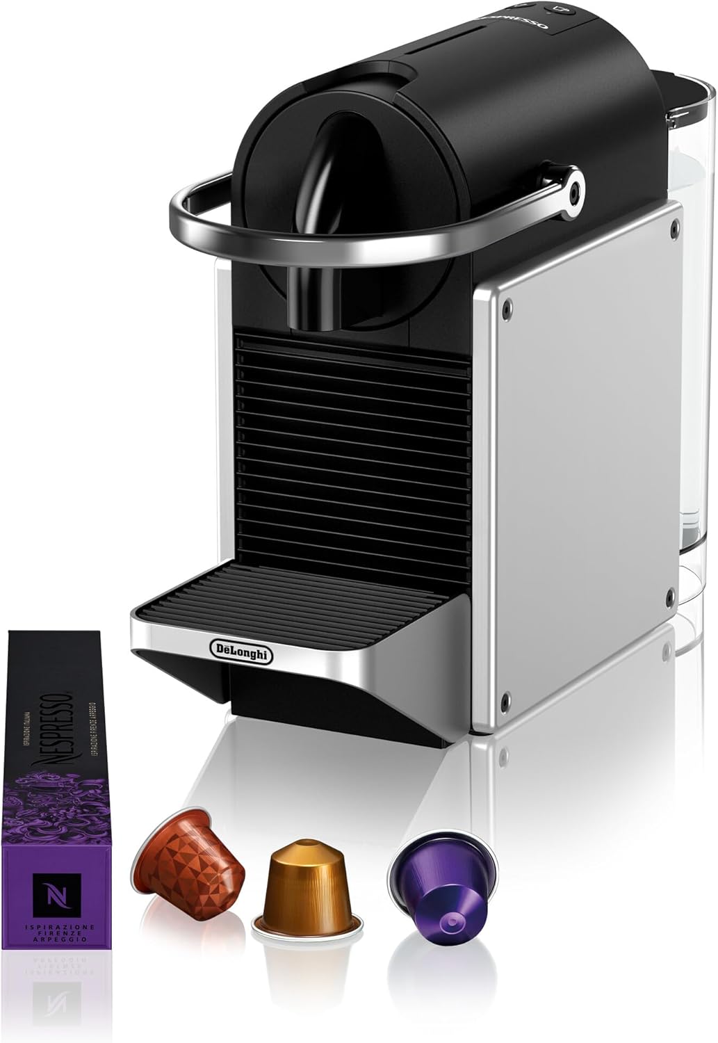 Nespresso Machine à café à capsules DeLonghi EN 124.S Pixie Silver | 1260 W | 0,7 L | Panneaux latéraux à capsules recyclées, métal argenté