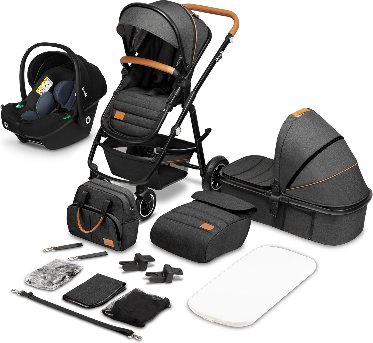 LIONELO Amber 3 in 1 poussette multifonctionnellle, landau, ensemble poussette avec siège sport et nacelle fixe, sac, moustiquaire, couvrir, feuille de pluie mit siege auto