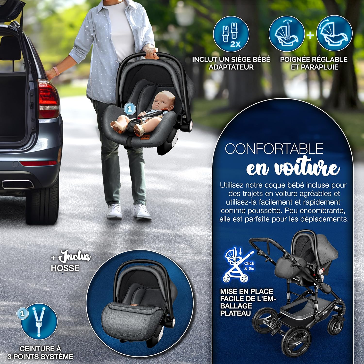 KIDUKU® Poussette Combinée 3 en 1 | Trio pour Enfants | Siége Auto Légère, Piable | Nacelle Souple Convertible | Set de Voyage (Noir/Champagne)