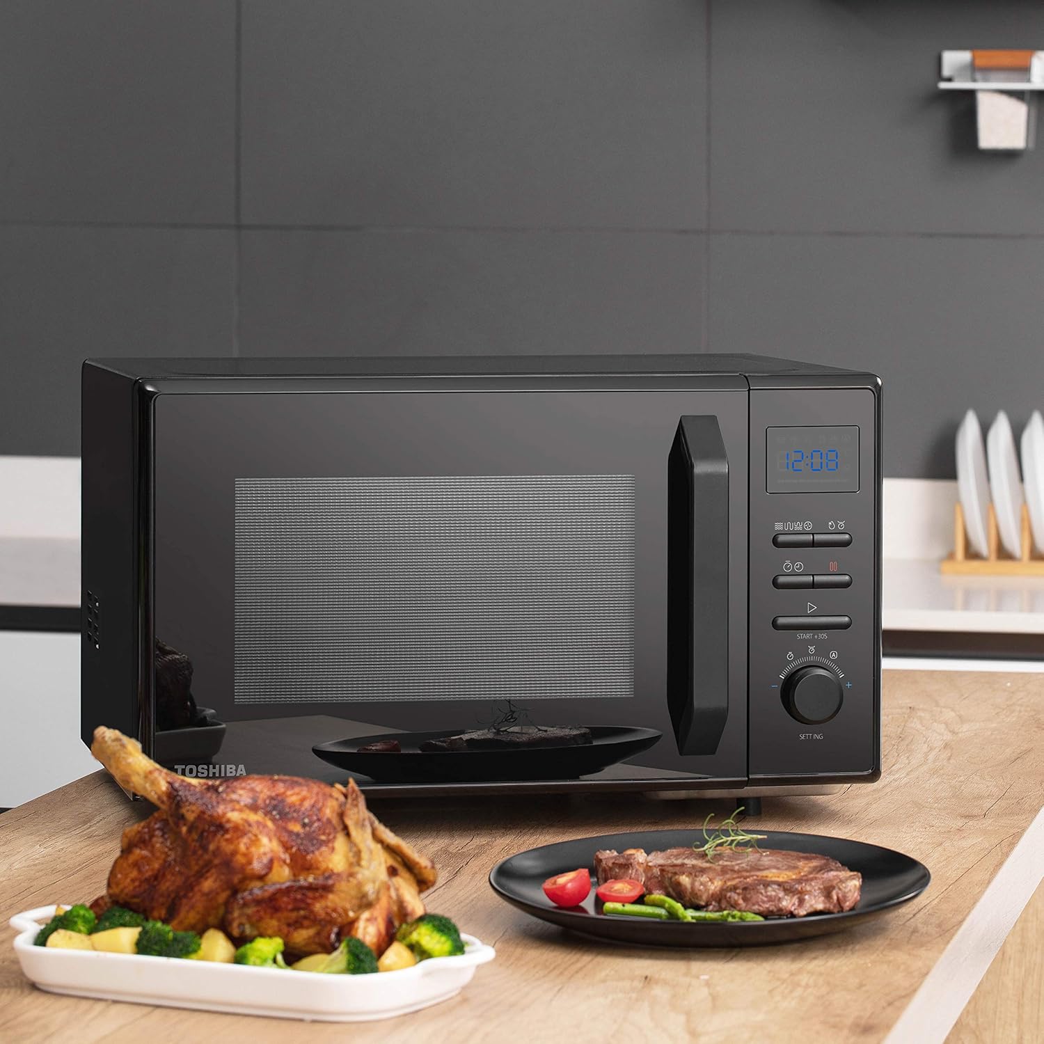 Toshiba Four à micro-ondes 4-en-1 25L MV-TC25T(BK), Technologie Origin Inverter, Micro-ondes avec friteuse à air chaud & Air chaud & Grill & Fonction Combi, 2100 W, Noir