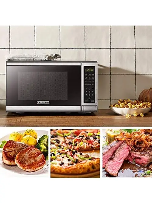 BLACK+DECKER Digital Microwave Oven with Turntable Push-Button Door, Child Safety Lock, Stainless Steel, 0.9 Cu Ft