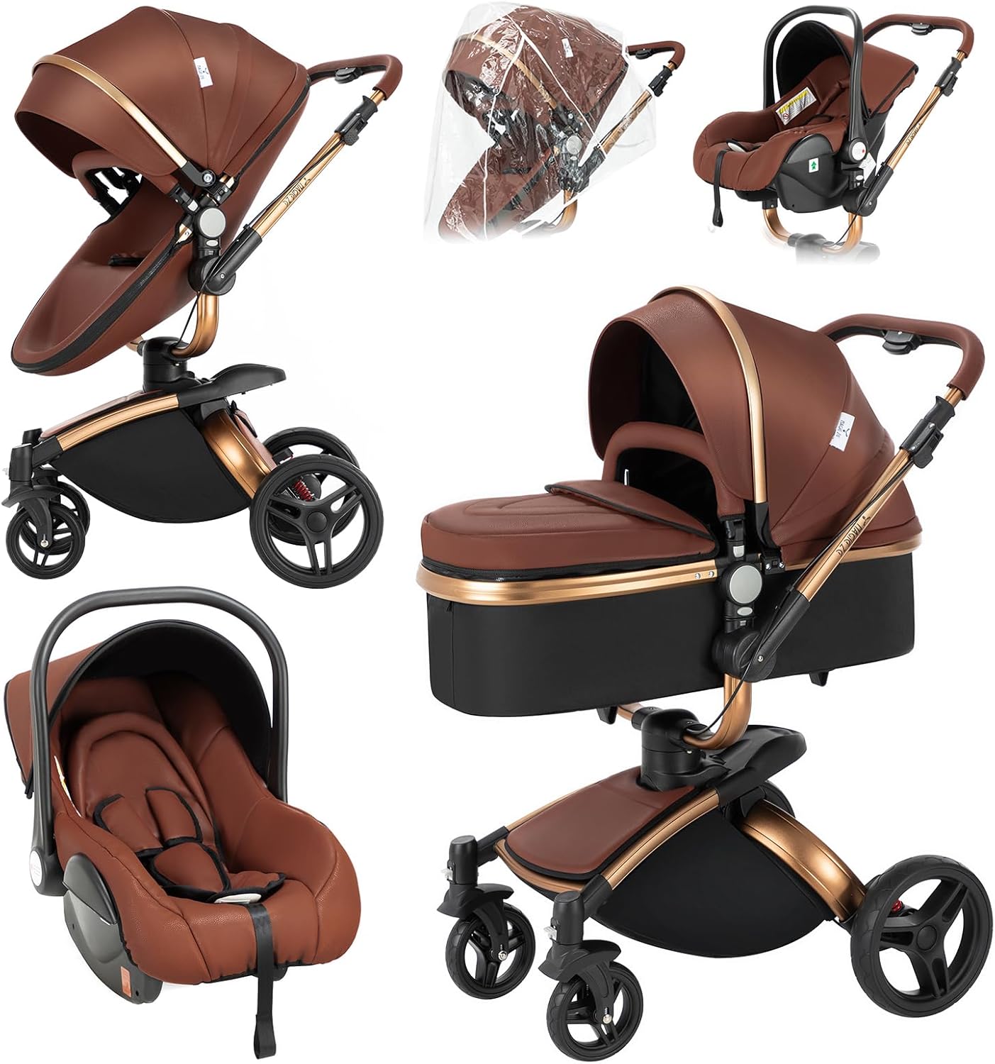 Magic ZC Poussette 3 en 1, Poussette Bebe avec Conception Portable Pliable en Un Clic, Pousette 3 en 1 avec Poussée Réversible Bidirectionnelle, Poussette Trio avec Accessoires (black gold 588)