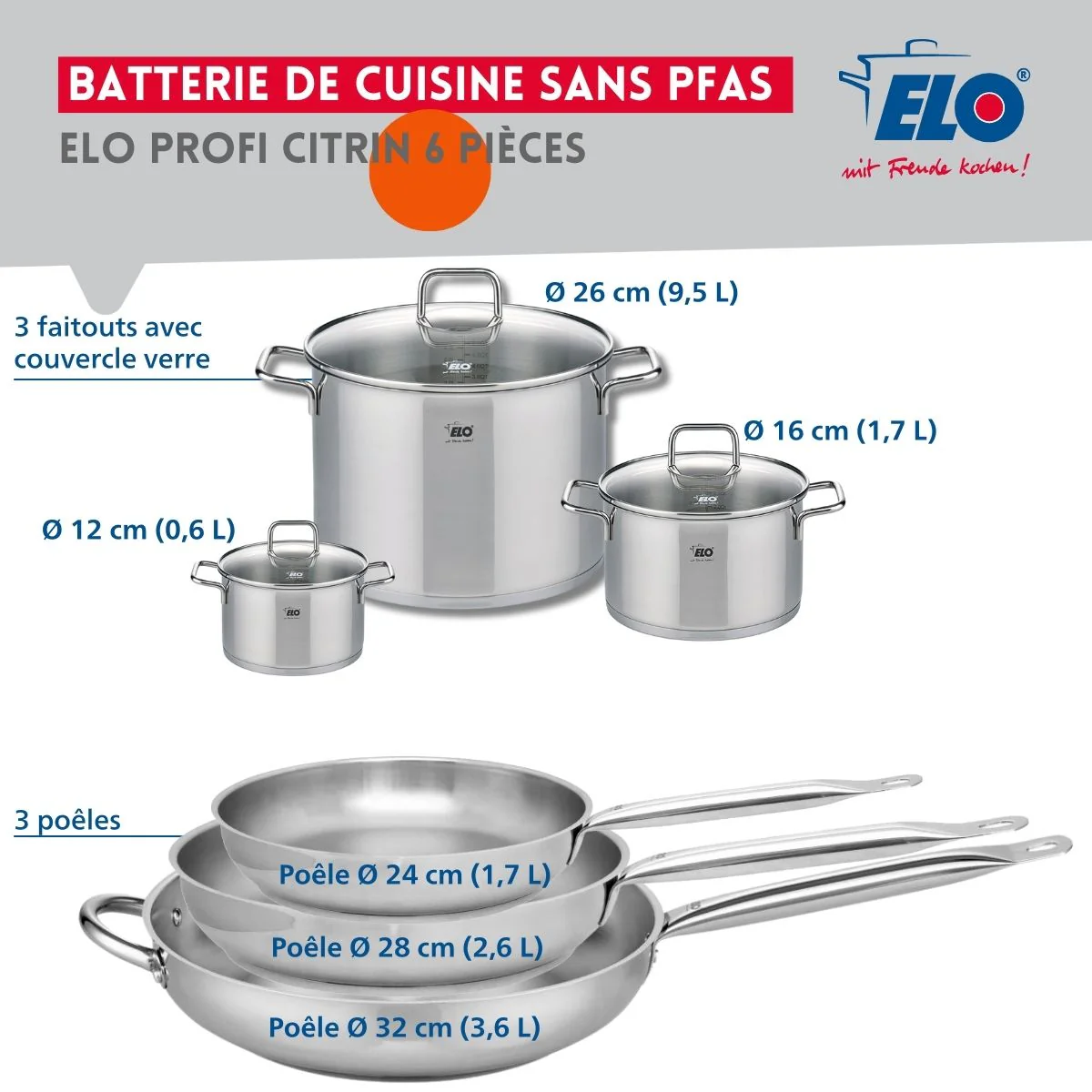 Ensemble de 3 Poêles de cuisson 24, 28 et 32 cm et 3 faitouts 12, 16 et 26 cm Elo Profi Citrin Elo