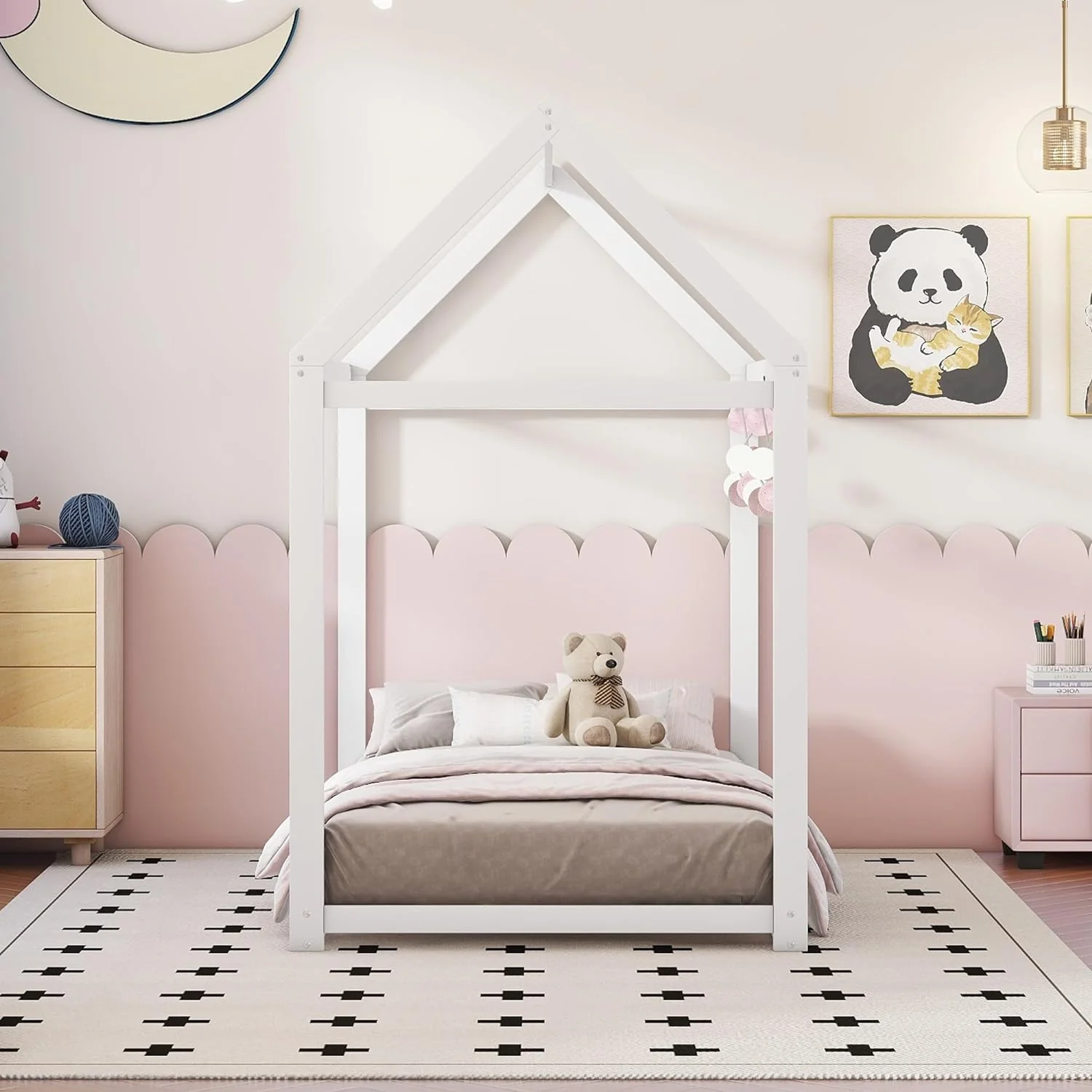 Twin House Floor Bed for Kids, Wooden Twin Montessori Bed Frame