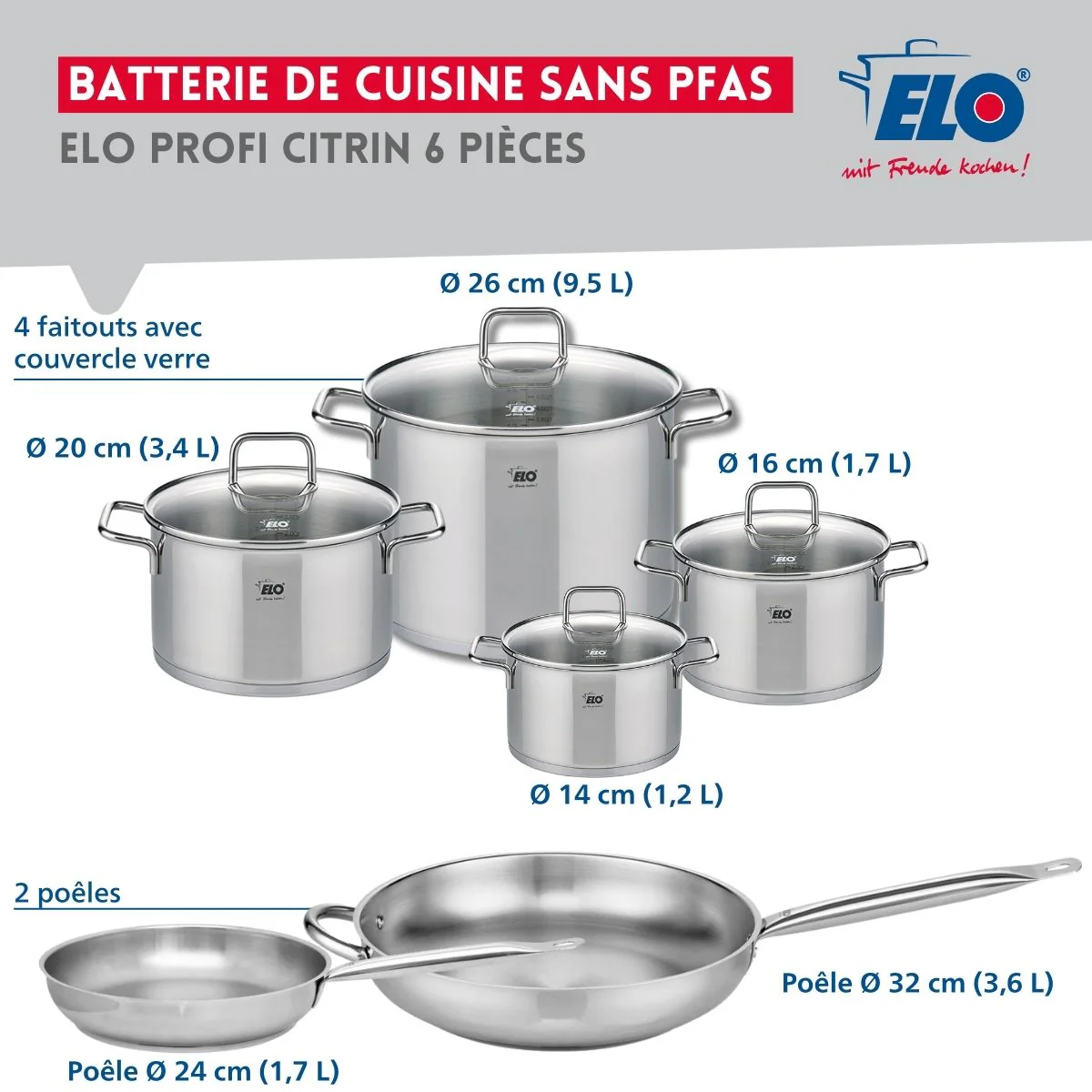 Ensemble de 2 Poêles de cuisson 24 et 32 cm et 4 faitouts 14, 16, 20 et 26 cm Elo Profi Citrin Elo