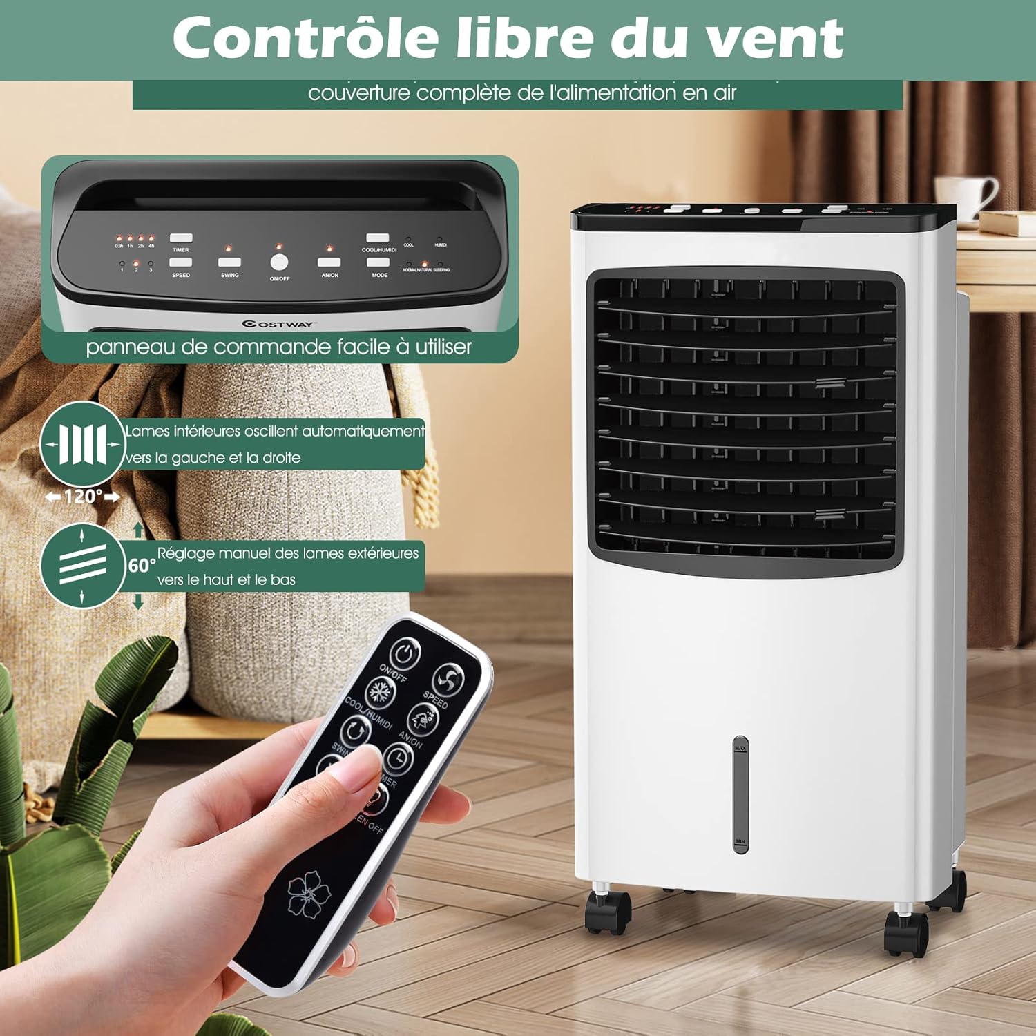RELAX4LIFE Rafraîchisseur d’Air Mobile avec Humidificateur et Purificateur, 3 Mode de Vitesse, Climatiseur avec Réservoir d'Eau 8L et Filtre Amovible et Lavable pour Chambre, Bureau, Salon
