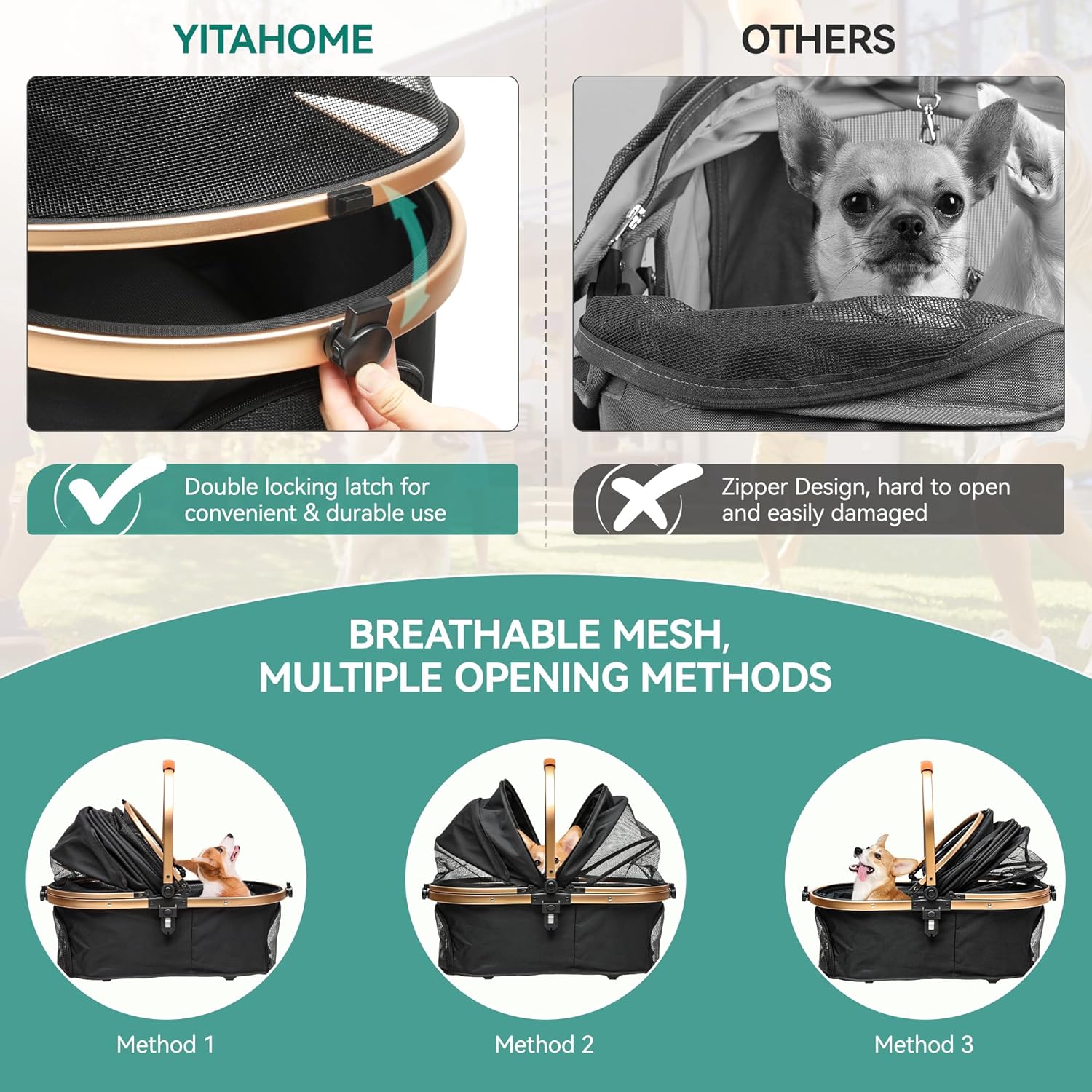 YITAHOME Poussette Chien 3-en-1, Poussette pour Chien Chat, Poussette Chien Tout Terrain, Voyage Transporteur Amovible, Pliable Portable Landau pour Animaux (Noir)