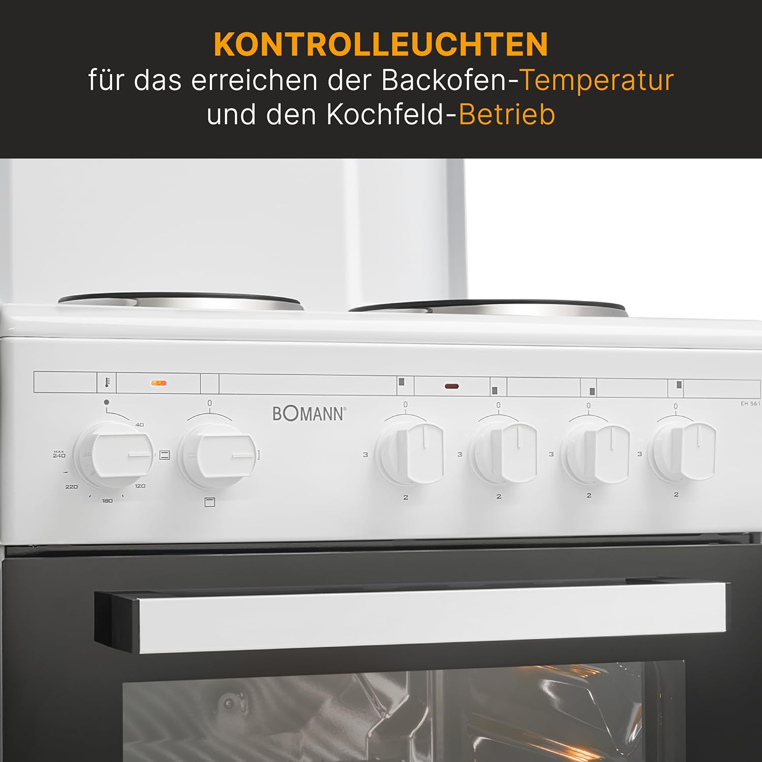 Boman, Cuisinière Electrique 4 plaques et four de 48L, Largeur 50 cm, cuisine avec plaque couvre-feu, allumage manuel, 4 foyers avec commandes, Energie A