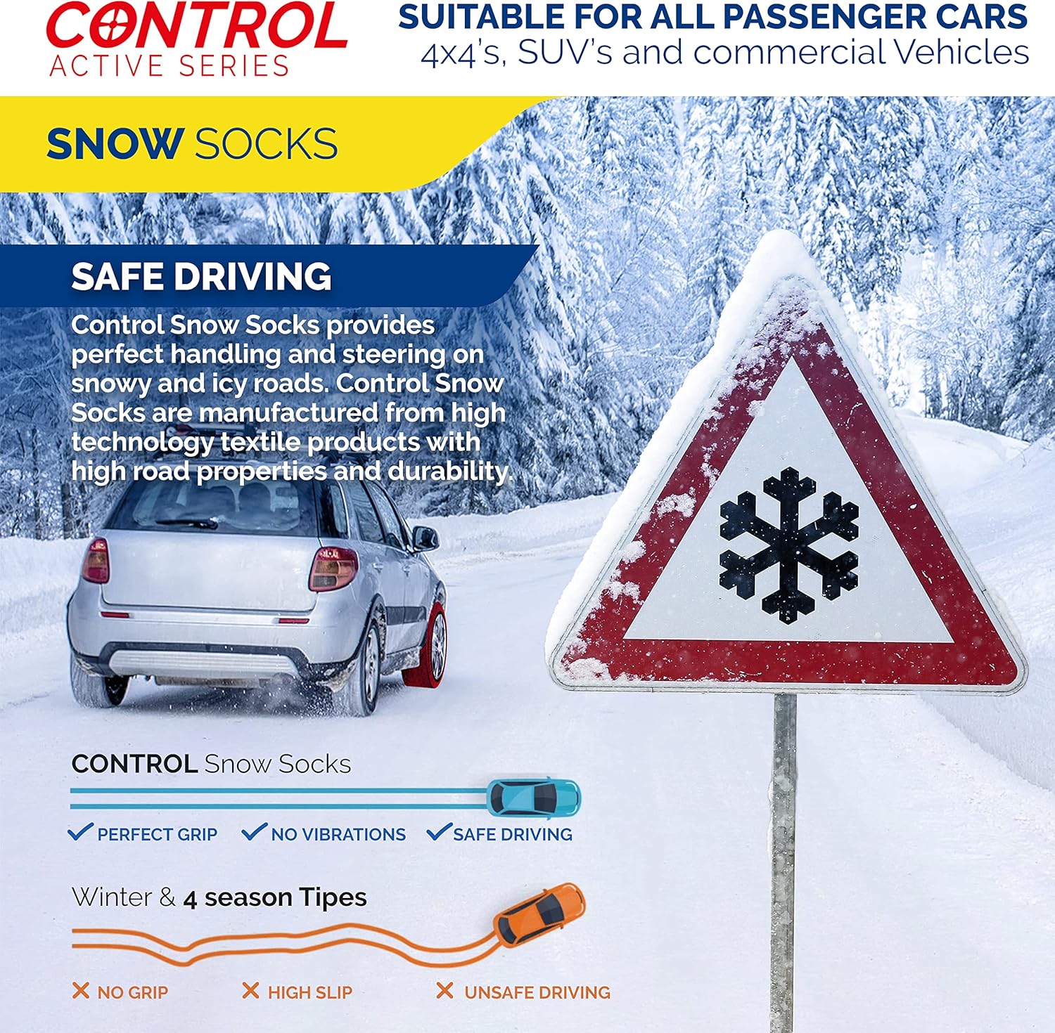 Chaussettes à Neige Textile Homologué EN 16662-1 - DEUX Chaussette Neige Pour Auto. Snow Sock Taille L Pour R14-R20 (Les Misures Pour les Pneus Sont Détaillèes à L'intérieur) (Control, L)