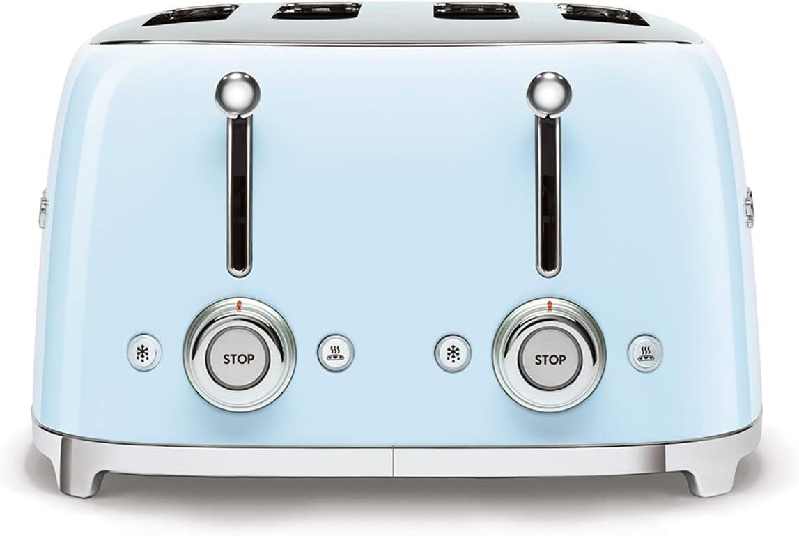 Smeg, Grille-pain 4 Tranches TSF03BLEU, 4 Fentes 36 mm, 6 Niveaux de Brunissage, Fonction Chauffage, Décongélation et Bagel, Éjection Automatique du Pain, 2 Ramasse Miettes, 2000 W, Noir