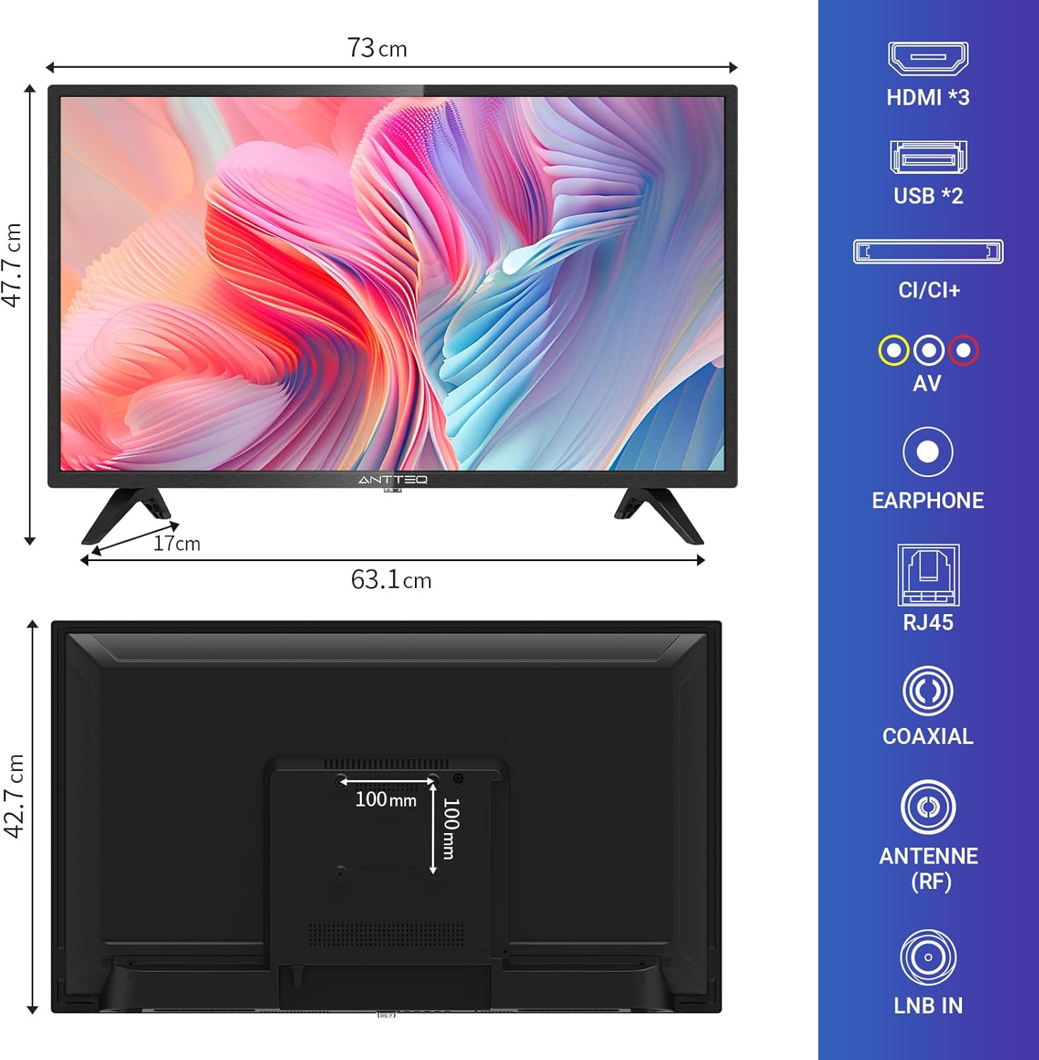 Antteq AB42D1 télévision 42 Pouces (TV 107 cm), Dolby Audio, LED, Triple Tuner DVB-C / T2 / S2, CI+, HDMI, Lecteur multimédia Via USB, Sortie Audio numérique, y Compris Mode hôtel