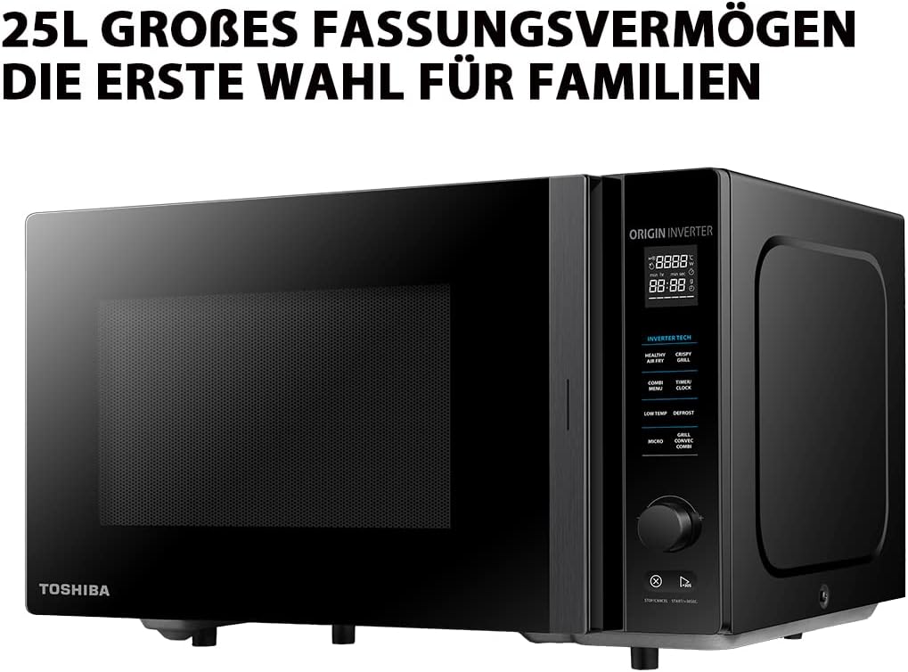 Toshiba Four à micro-ondes 4-en-1 25L MV-TC25T(BK), Technologie Origin Inverter, Micro-ondes avec friteuse à air chaud & Air chaud & Grill & Fonction Combi, 2100 W, Noir