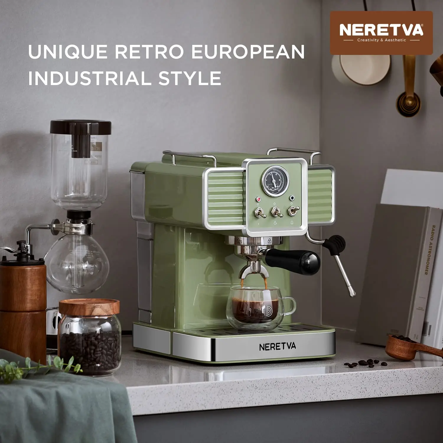 Neretva Espresso Coffee Machine 15 Bar Espresso Maker with Milk Frother Steam Wand Cappuccino, Latte for Home Barista, 1.6L Removable Water Tank
