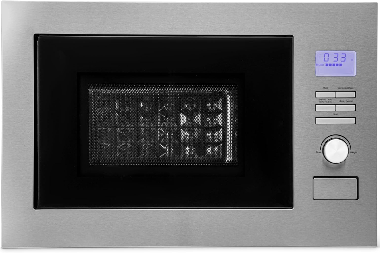 Bomann MWG3001HEB Micro-ondes encastrable 3 en 1 avec grill et air chaud, écran LCD, 8 programmes automatiques, fonction minuterie, espace de cuisson 25 l, intérieur en acier inoxydable, argenté