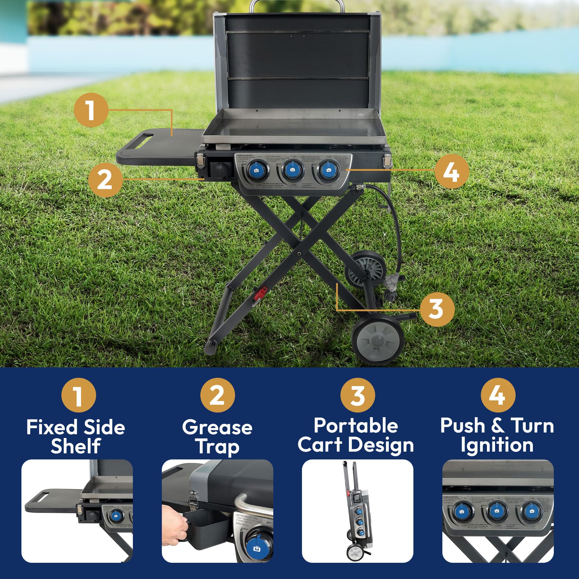 Razor Griddle Gas Grill & Griddle for Backyard Cooking and Camping, Portable Grill with Cart & Side Shelf