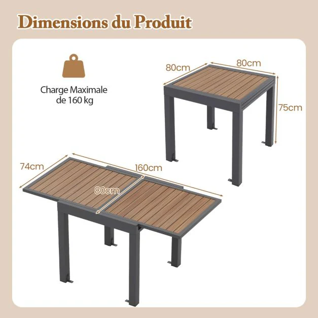 Table de jardin extensible en aluminium ajustable de 80 à 160 cm table à manger extérieure rectangulaire pour 4-6 personnes naturel 20_0009421