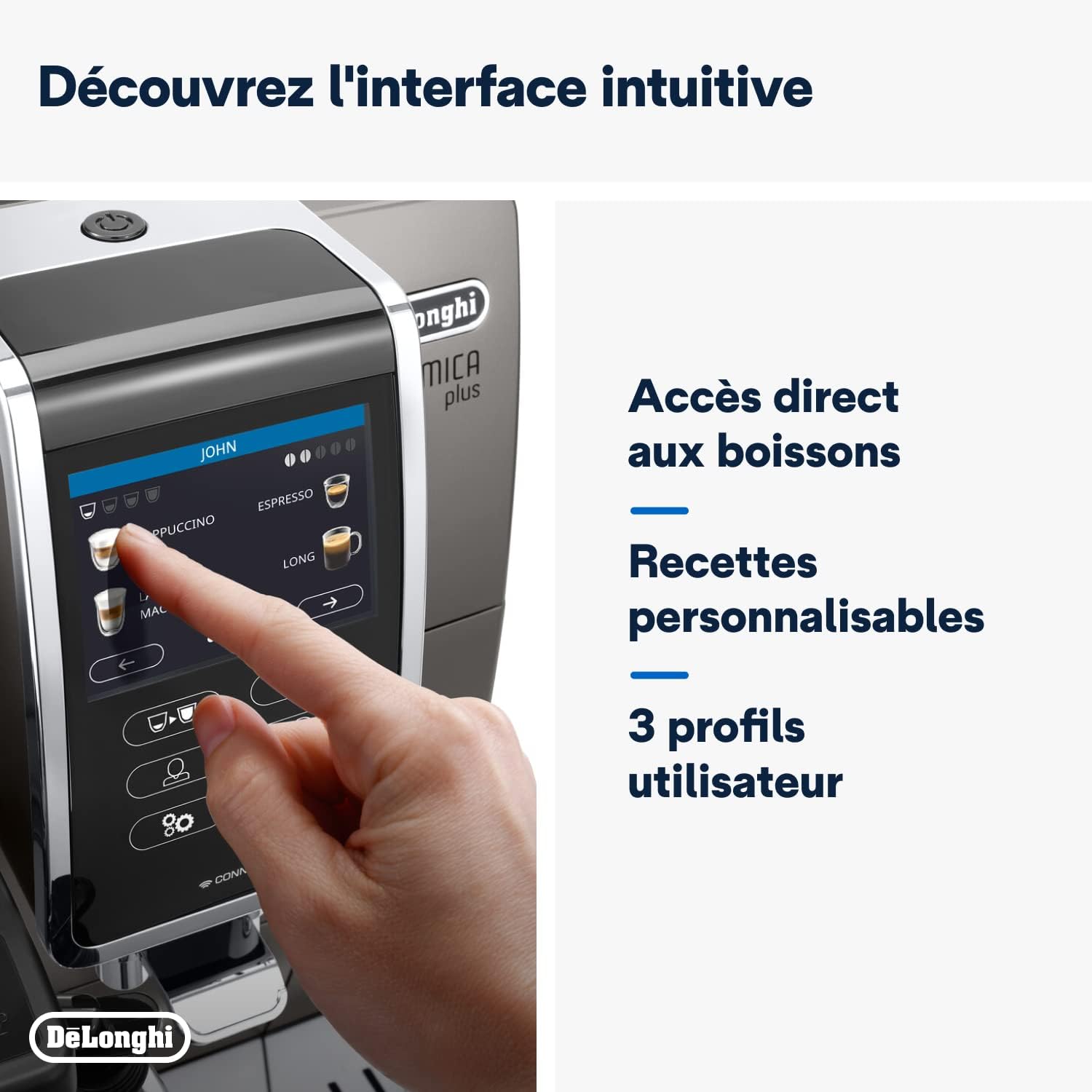 De'Longhi Dinamica Plus ECAM 370.70.B, Machine Expresso avec Broyeur, Système LatteCrema, Technologie Smart One Touch, Ecran Tactile Complet, Fonction My, 1.8l, Noir