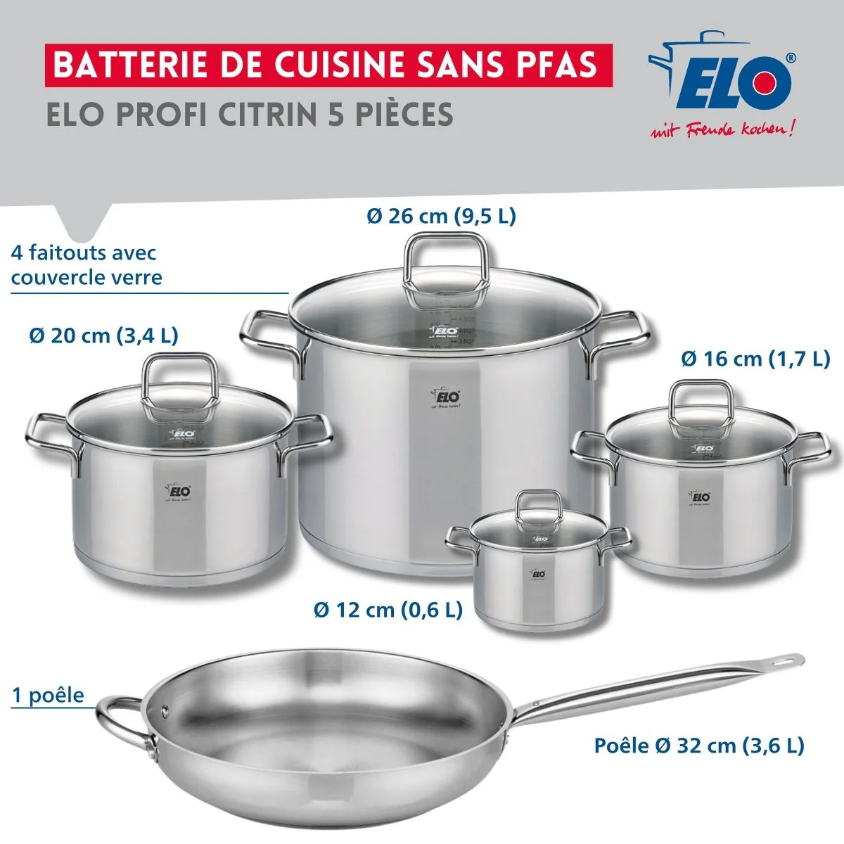 Set de 1 Poêle de cuisson 32 cm et 4 faitouts 12, 16, 20 et 26 cm Elo Profi Citrin Elo