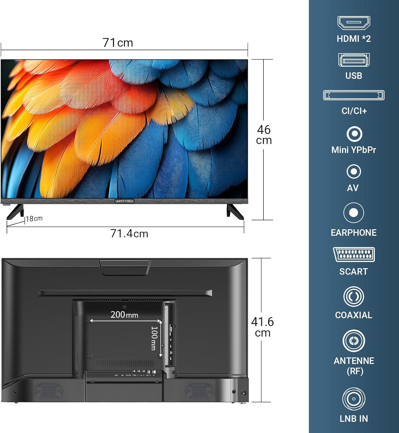 Antteq AB42D1 télévision 42 Pouces (TV 107 cm), Dolby Audio, LED, Triple Tuner DVB-C / T2 / S2, CI+, HDMI, Lecteur multimédia Via USB, Sortie Audio numérique, y Compris Mode hôtel