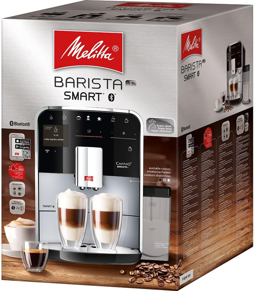 Melitta Barista T Smart Argent, Machine à Café à Grain avec Broyeur, Connectée, Système One Touch, Double bac à grains, 18 spécialités, Mode 1 à 2 Tasses, Écran Couleur TFT, F831-101