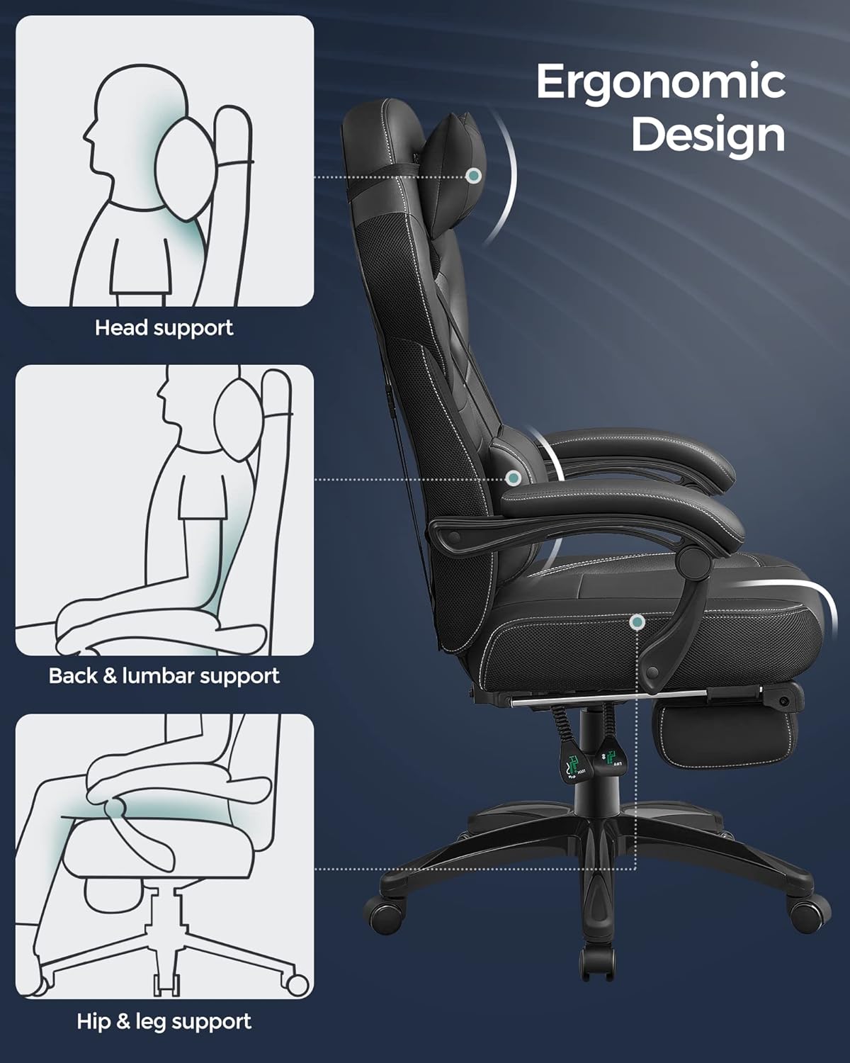SONGMICS Fauteuil Gamer Ergonomique, Chaise Gaming, Fauteuil de Bureau, avec Repose-Pieds télescopique, Appui-tête réglable, Support Lombaire, capacité de Charge 150 kg, Gris et Noir OBG77BG