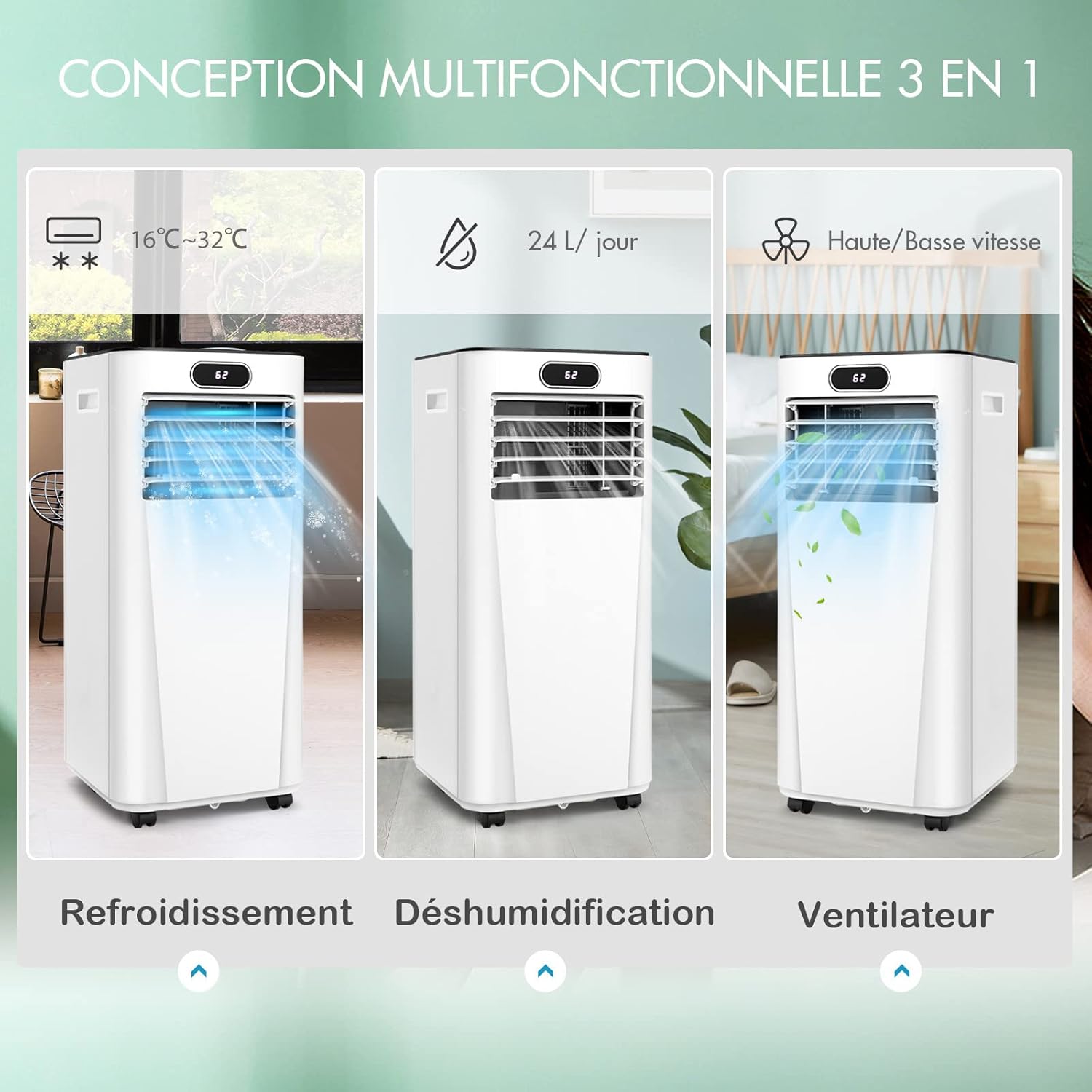 RELAX4LIFE Climatiseur Mobile Silencieux 9000BTU, Climatiseur Portable 4 en 1, Refroidisseur d'Air, Ventilateur, Déshumidificateur, Mode Nuit, 15-20㎡, Télécommande, Minuterie 24H, Classe Energie A