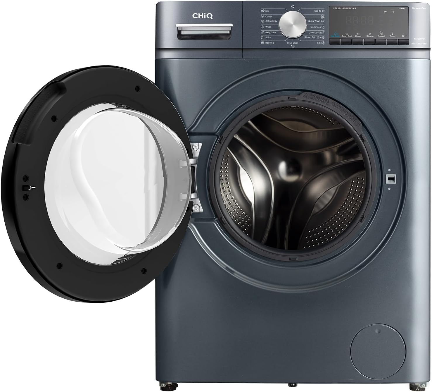 CHiQ Lave-linge CFL80-14586IM3XA, Chargement frontal 8 kg,Space Pro,Moteur Inverter stable, 1400 tr/min, Programme intelligent à IA, Fonction vapeur, Lavage rapide 15 minutes, 15 cycles lavage, Gris