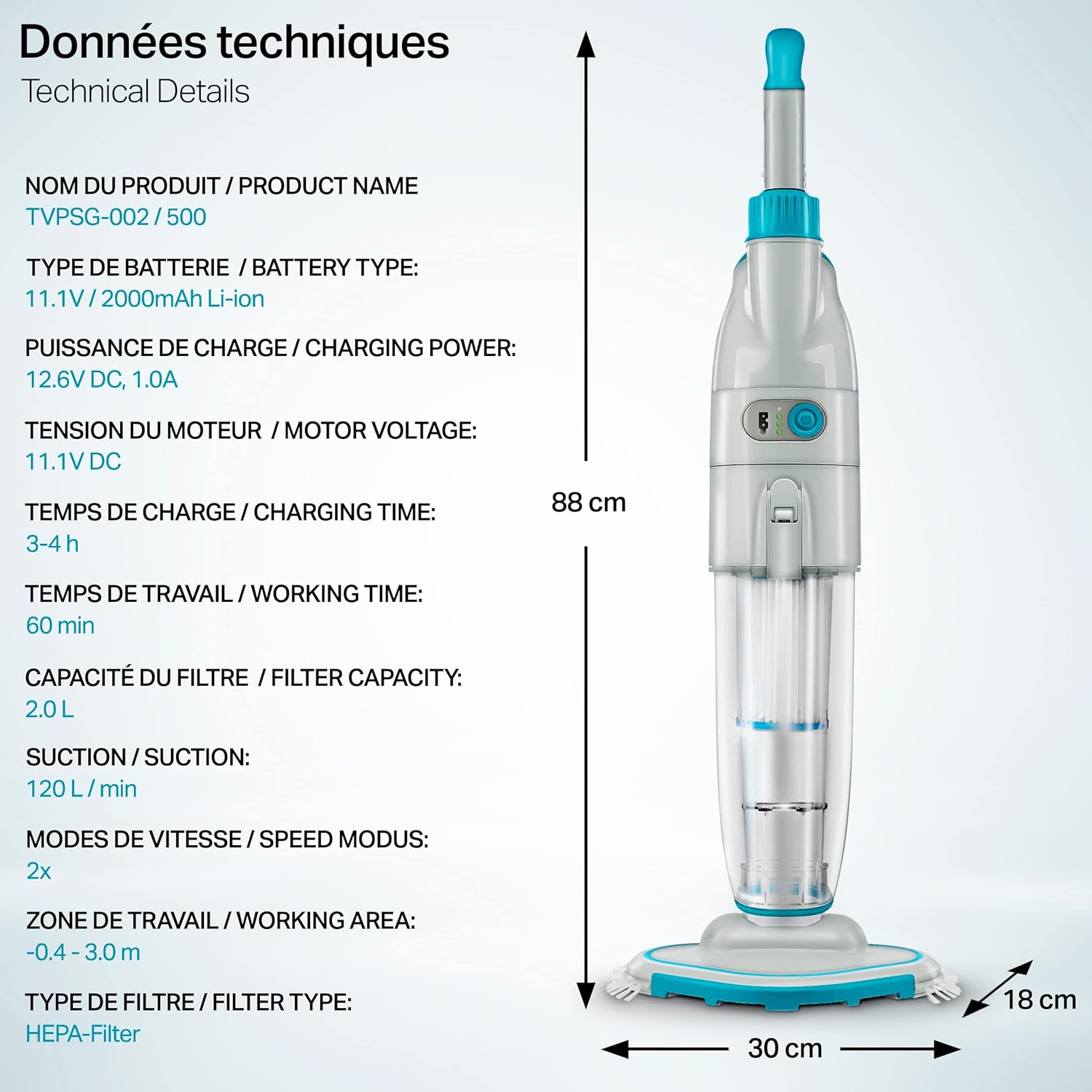 tillvex Aspirateur Électrique pour Piscines | Nettoyeur de Piscine sans Fil avec Manche Télescopique | Kit de Nettoyage avec Filtre & 2 Vitesses | Rechargeable
