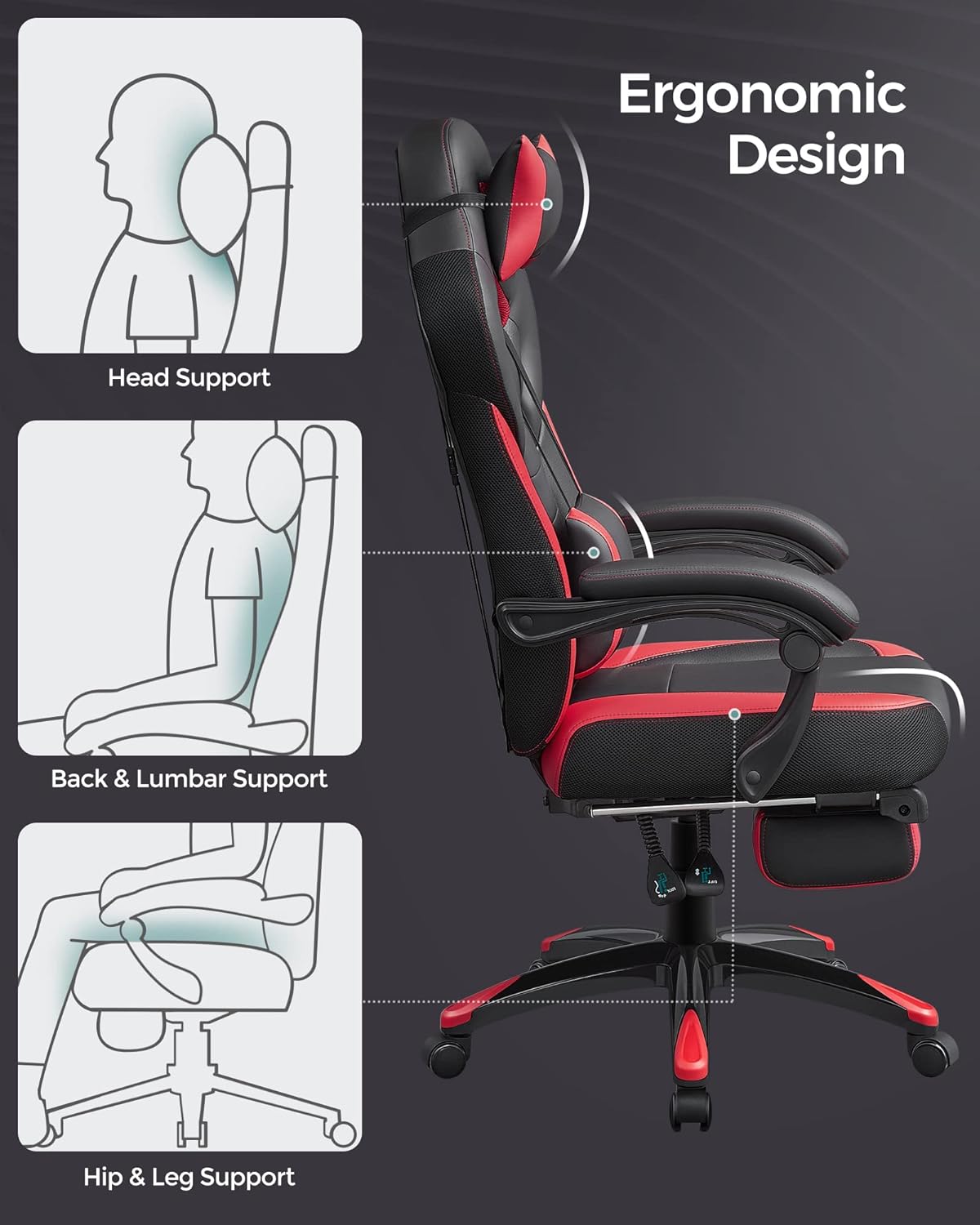 SONGMICS Fauteuil Gamer Ergonomique, Chaise Gaming, Fauteuil de Bureau, avec Repose-Pieds télescopique, Appui-tête réglable, Support Lombaire, capacité de Charge 150 kg, Gris et Noir OBG77BG