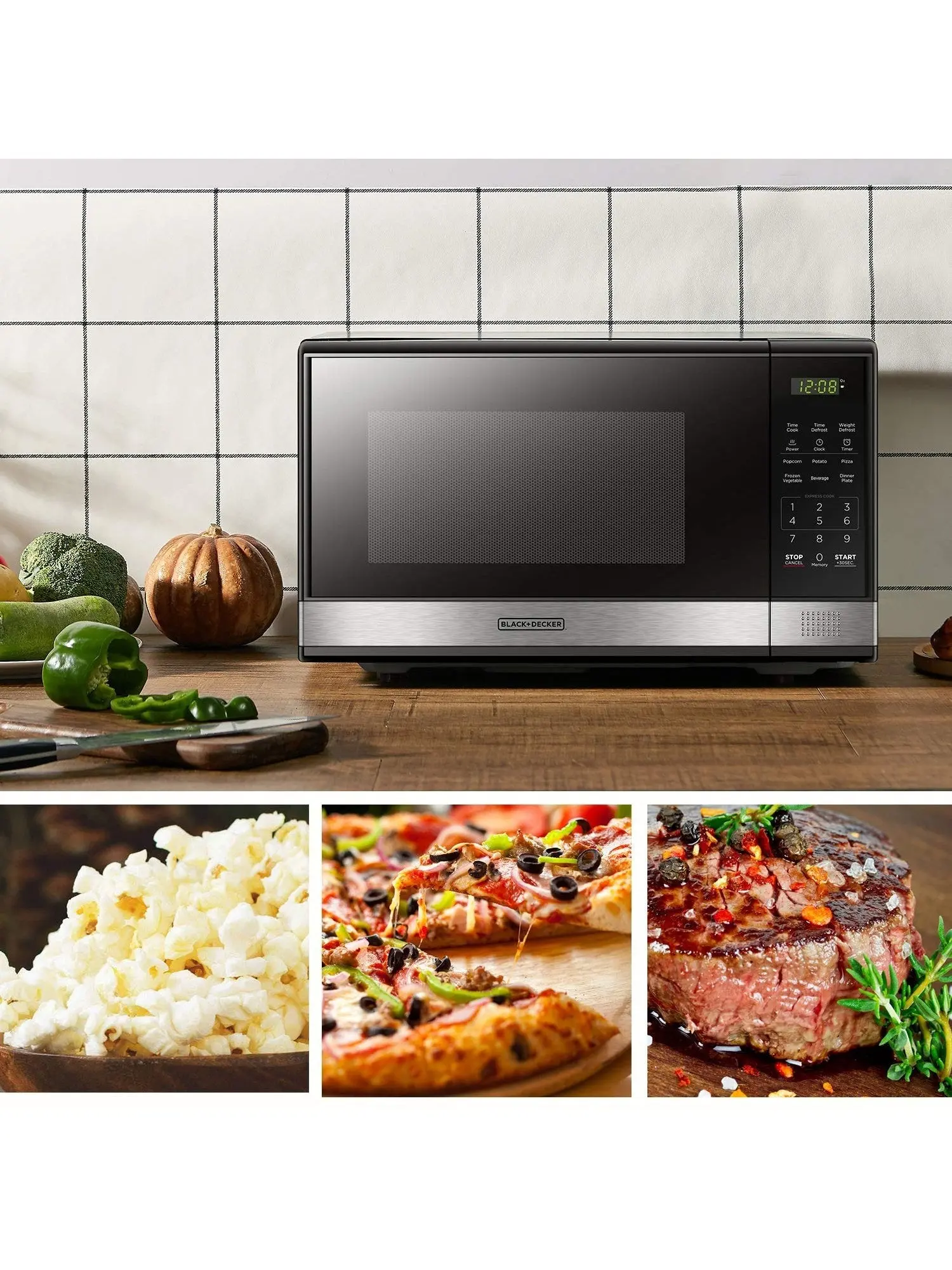 BLACK+DECKER Digital Microwave Oven with Turntable Push-Button Door, Child Safety Lock, Stainless Steel, 0.9 Cu Ft