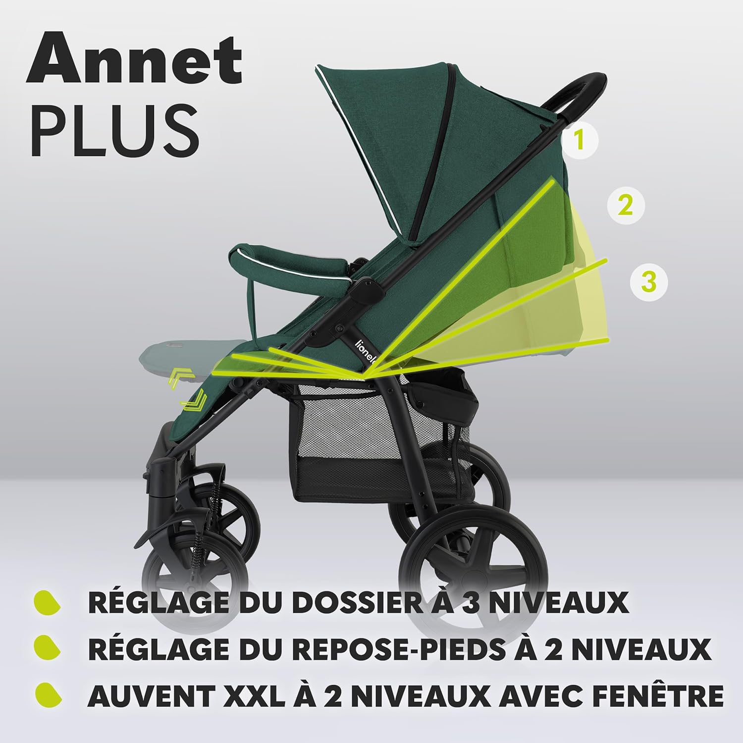 LIONELO Annet Plus poussette bebe à 22 kg, auvent avec fenêtre, roues EVA, chancelière moustiquaire porte-gobelet, réglage du dossier jusqu’à la position couchée (Dreamin, PLUS)