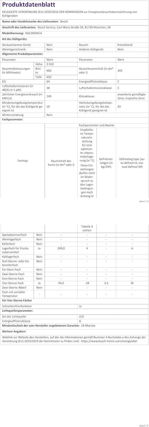 Bosch KGE39ALCA- Série 6, Réfrigérateur combiné pose-libre, 201 x 60 cm, Inox