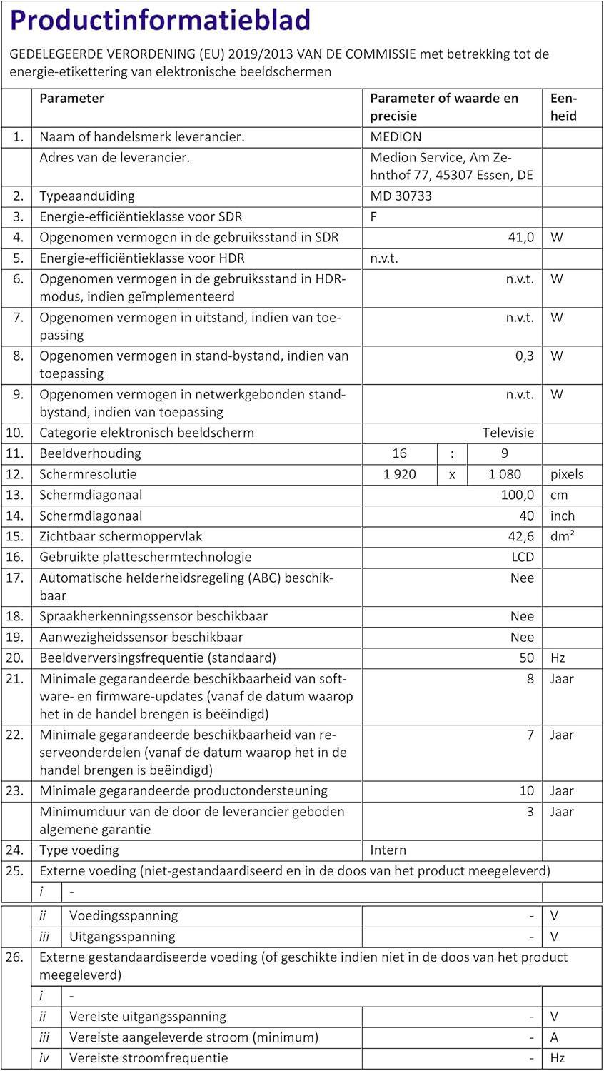 MEDION E14080 (MD 30224) Téléviseur Full HD 100,3 cm (40 Pouces) (Lecteur DVD intégré, récepteur Triple Tuner DVB-T2 DVB-C DVB-S2, 2 x HDMI, VGA, USB, Mediaplayer, CI+)