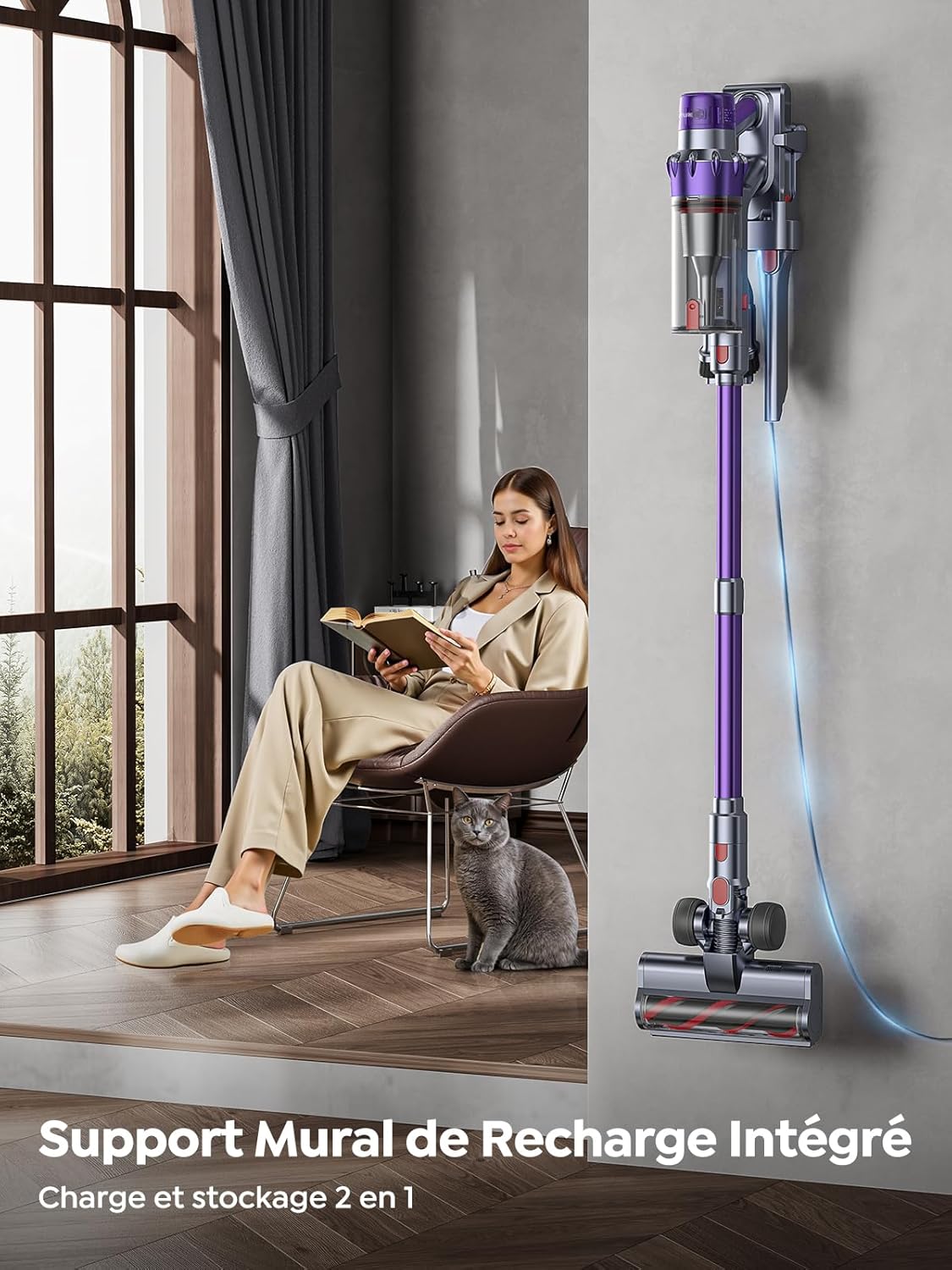 SMOTURE VAC02 550W Aspirateur Balai sans Fil, 45kPa/60min Aspirateur sans Fil Puissant, Rechargeable Support Mural Aspirateur balais pour Tapis, Poils Animaux, Sol Dur et Voiture