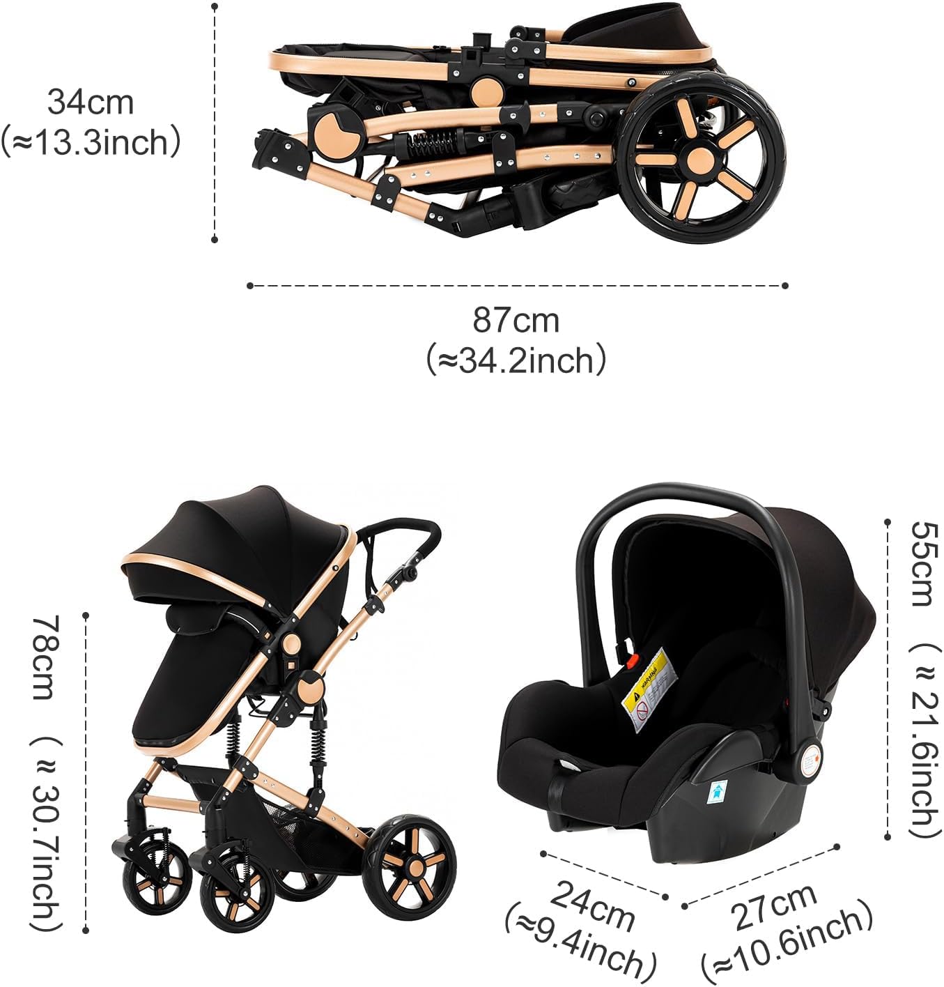 NADDLILY Poussette 3 en 1, Poussette Bebe avec Conception Portable Pliable en Un Clic, Pousette 3 en 1 avec Poussée Réversible Bidirectionnelle, Poussette Canne avec Accessoires (V9 Black)