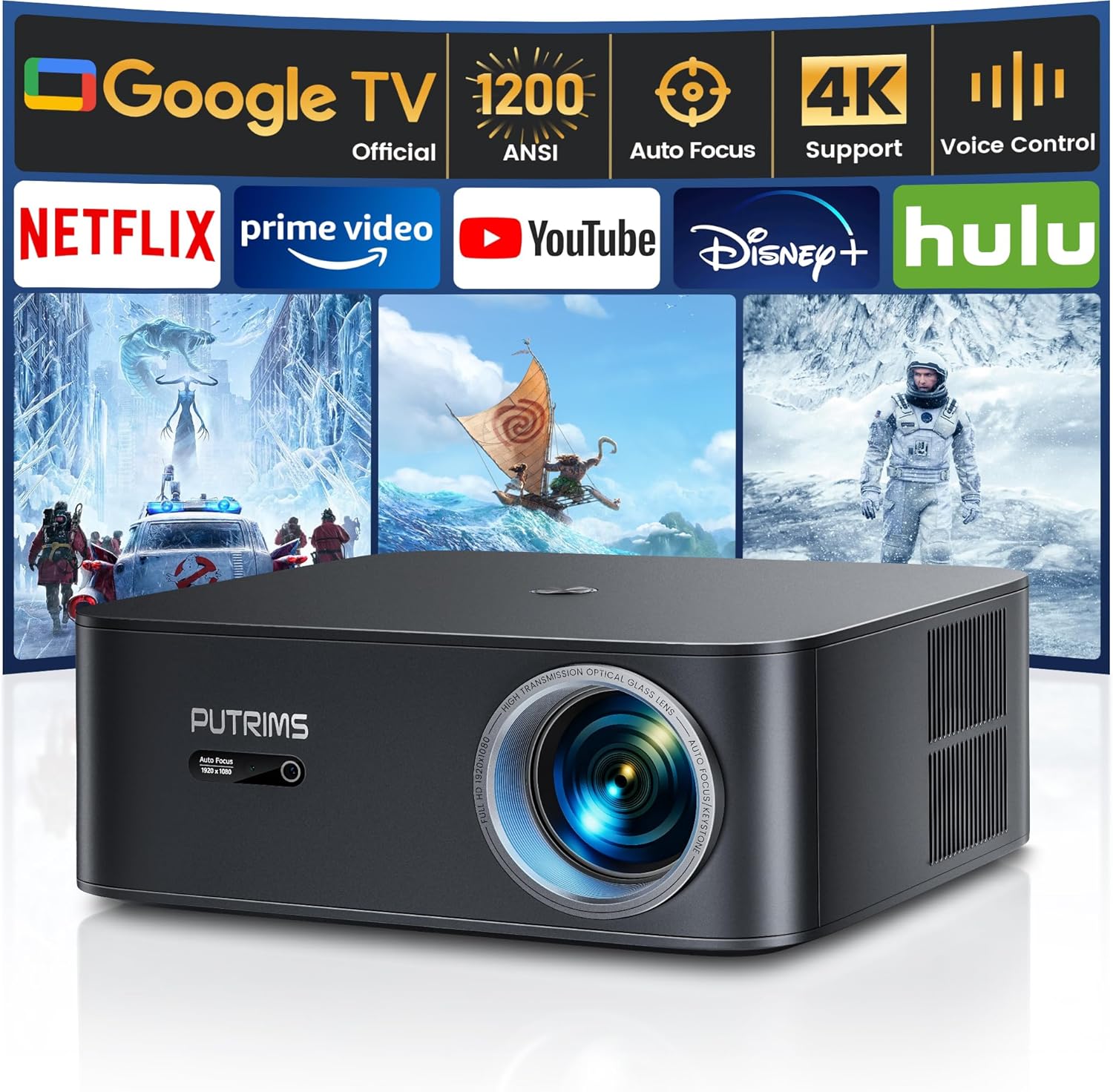 【1200 ANSI/Google TV】 Vidéoprojecteur 4K Netflix Officiel, Auto Focus/Keystone Projecteur 4K WiFi6 Bluetooth Full HD 1080P, Contrôle Vocal, Zoom 50% Projecteur Vidéo de Jour Home Cinéma/PPT/Extérieur