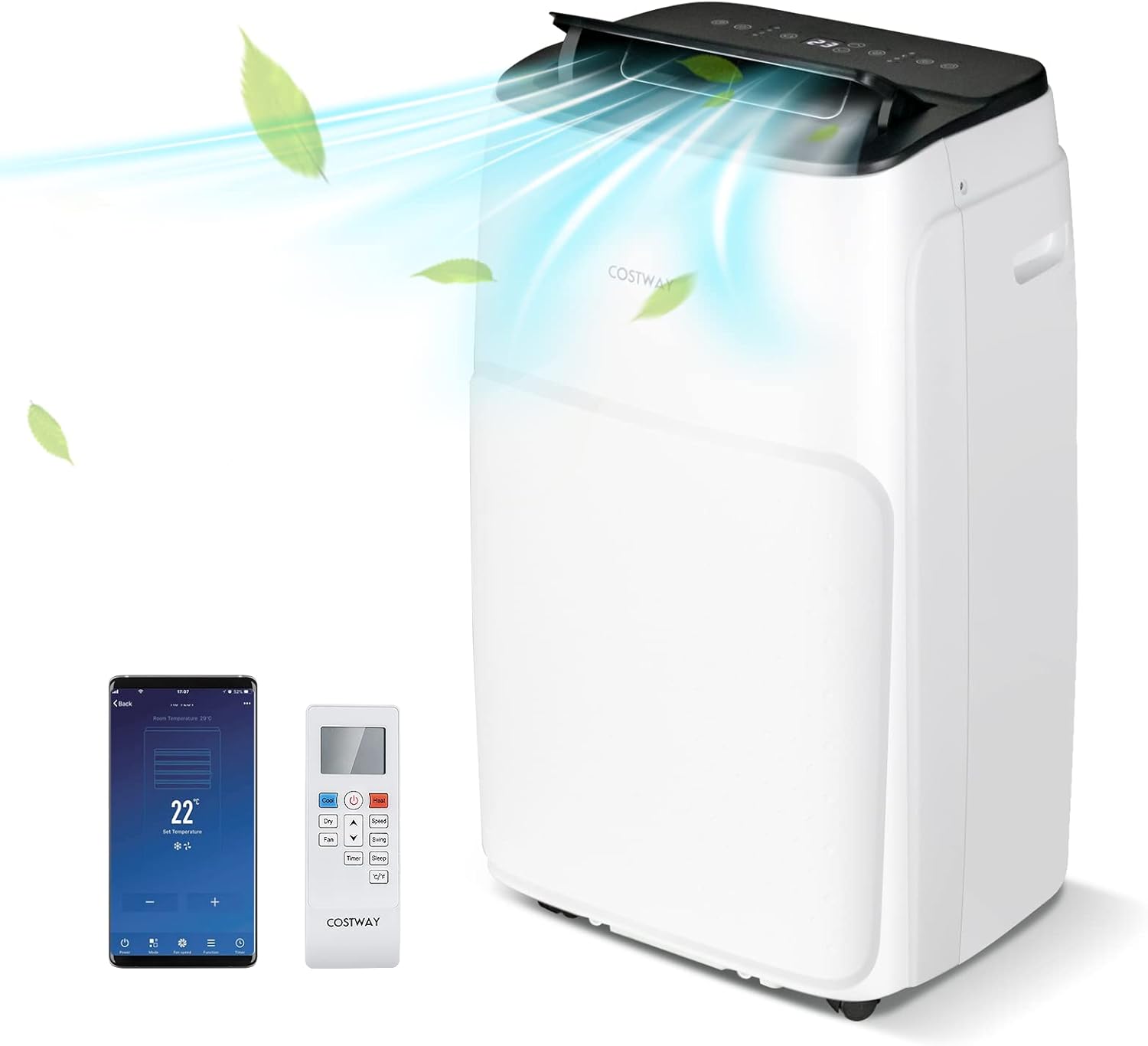 COSTWAY Climatiseur Mobile Silencieux 16000BTU, 5 EN 1,Refroidissement,Chauffage,Ventilateur,Déshumidificateur,Mode Nuit,Climatisation Rapide,Clim Mobile