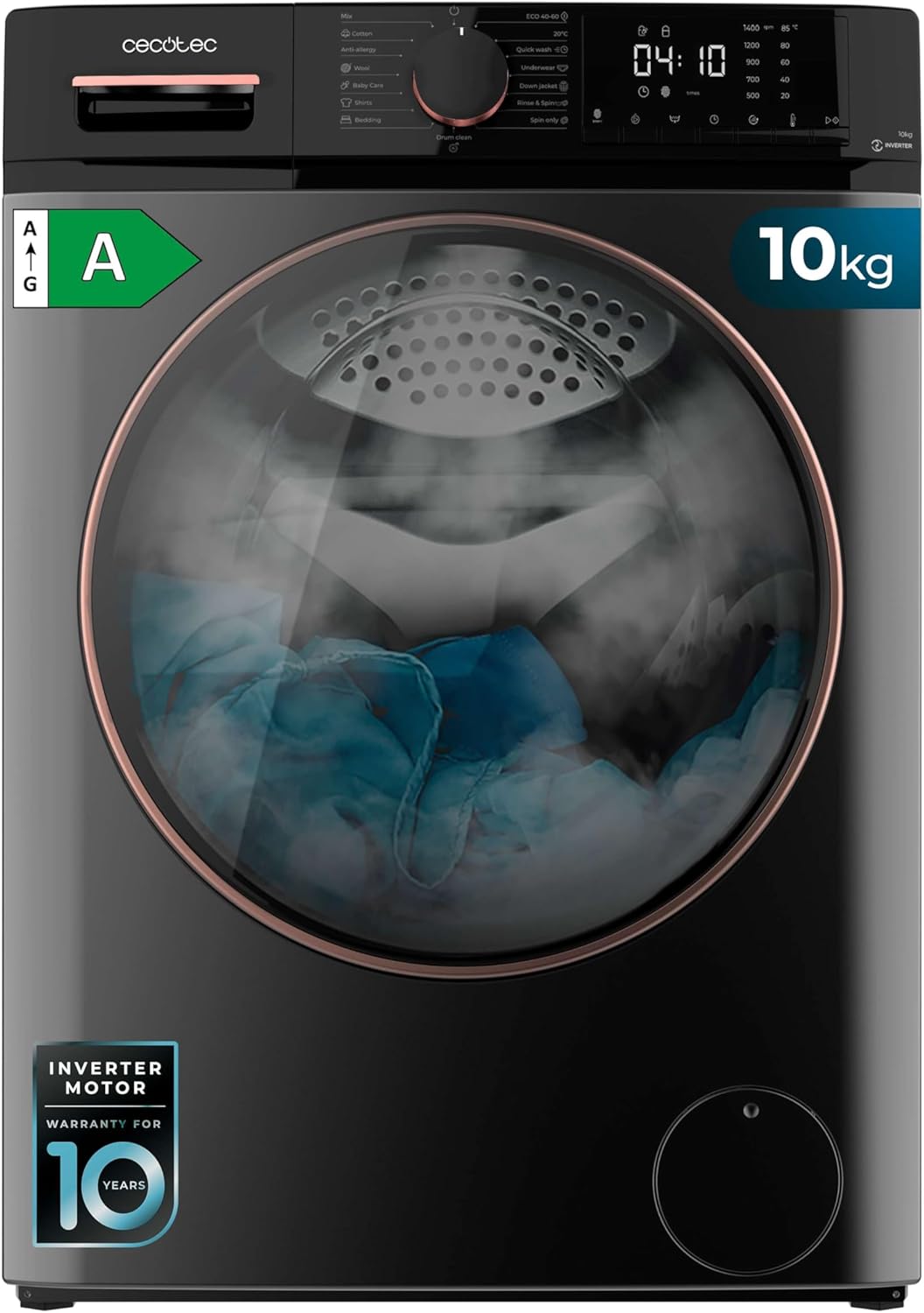 Cecotec Lave-linge 10Kg Bolero DressCode 10610 Inverter Steel A. Chargement Frontale, 1400 RPM, Steam Max, Motor Inverter Plus, 15 Programmes, OnSmart, Stop&Go, Caoutchouc Antibactérien, Drum Clean