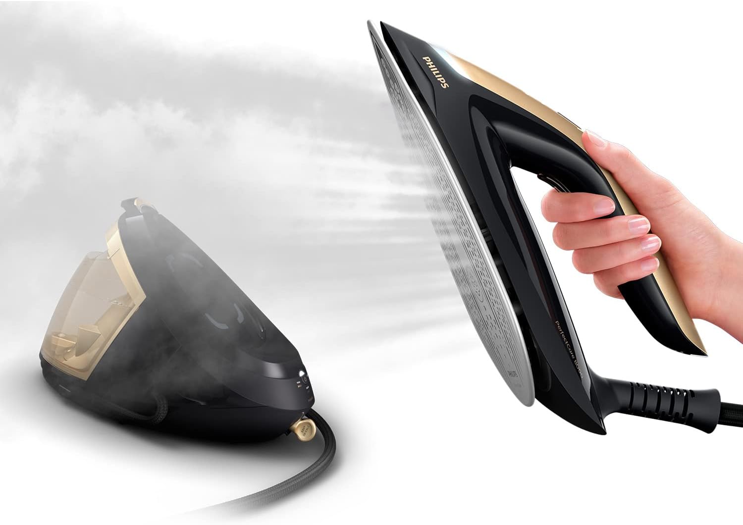 Philips Domestic Appliances PerfectCare Série 8000 PSG8140/80 Centrale Vapeur, sans réglage, Vapeur Automatique, 8,5 Bar, Effet Pressing jusqu'à 700g Noir/Or