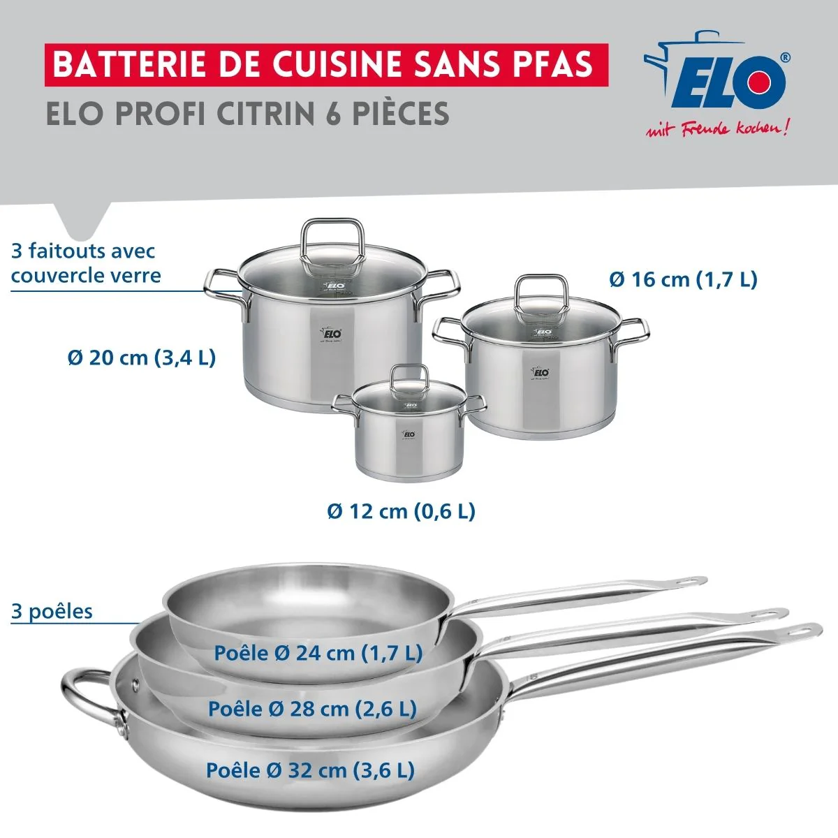 Ensemble de 3 Poêles de cuisson 24, 28 et 32 cm et 3 faitouts 12, 16 et 20 cm Elo Profi Citrin Elo