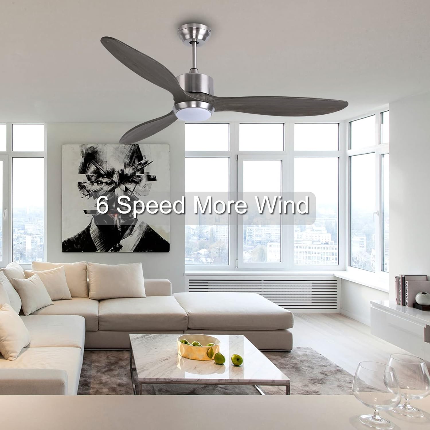 Ovlaim 132cm intérieur extérieur 3 pales hélice Smart ventilateur de plafond, Ventilateur de plafond en bois massif à moteur DC silencieux avect