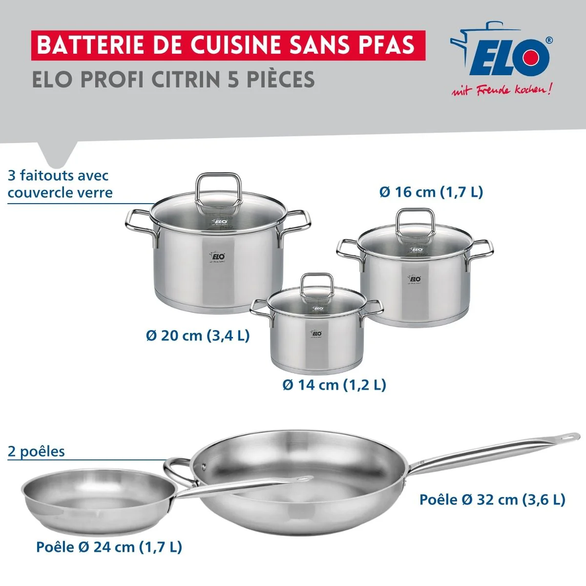 Ensemble de 2 Poêles de cuisson 24 et 32 cm et 3 faitouts 14, 16 et 20 cm Elo Profi Citrin Elo