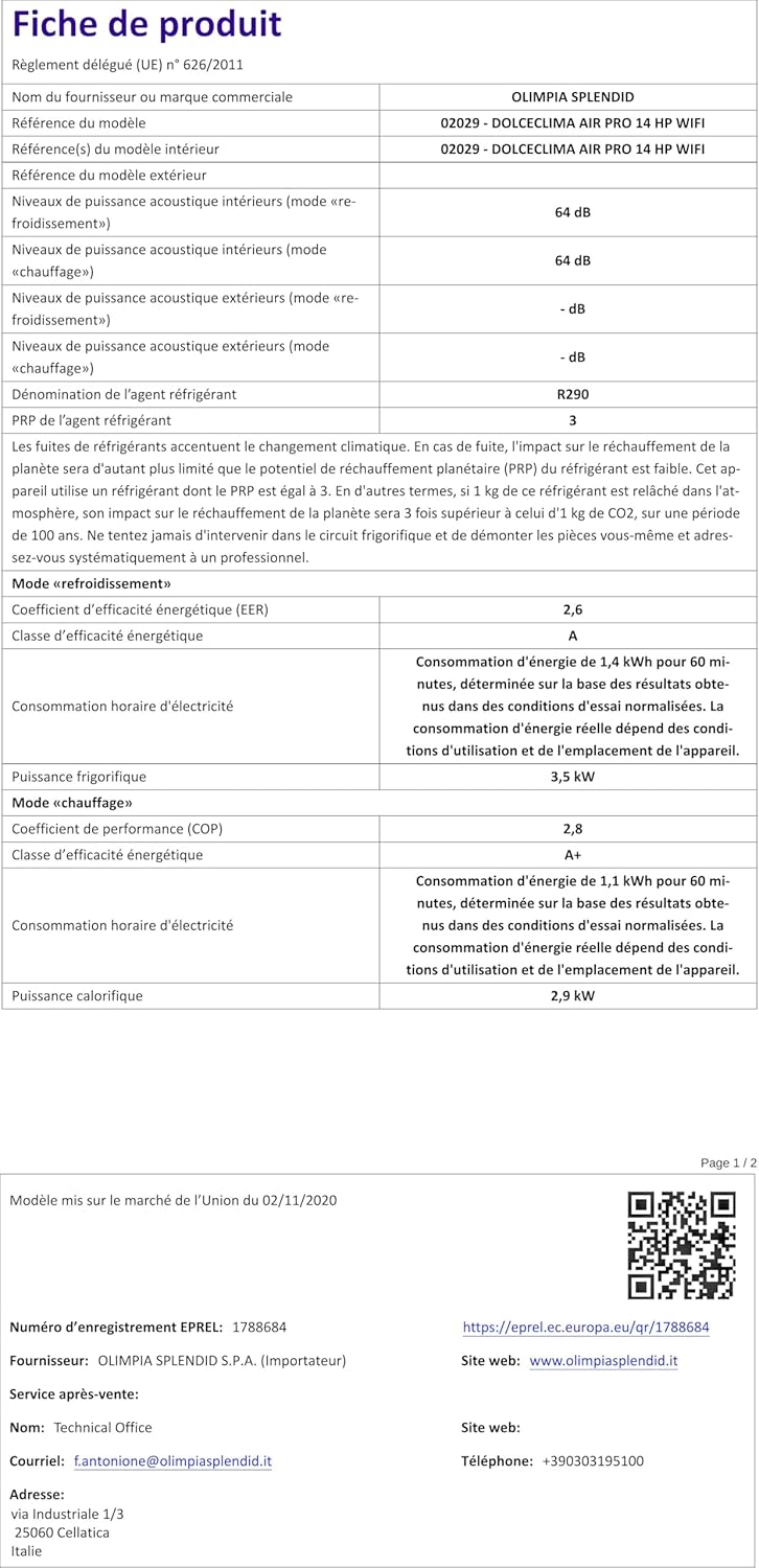 Olimpia Splendid-02265 Dolceclima Compact 8X- Climatiseur portable 3-en-1 : Refroidissement, ventilation, déshumidification, 8 000 Btu/H, 2.1 Kw, Gaz R290, blanc-pour les pièces jusqu'à 60m³