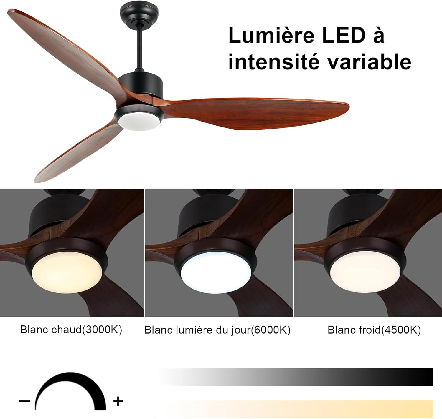 Ovlaim 132cm intérieur extérieur 3 pales hélice Smart ventilateur de plafond, Ventilateur de plafond en bois massif à moteur DC silencieux avect