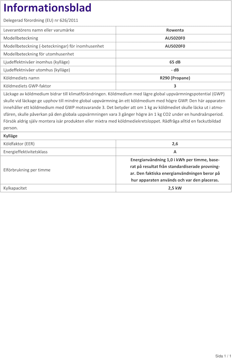 Rowenta Climatiseur portable, 3000 W, Performance énergétique classe A, Refroidissement puissant, Silencieurx, Compact, Couverture jusqu'à 100 m3, Fonction éco, Turbo Eco Sense AU5610F0