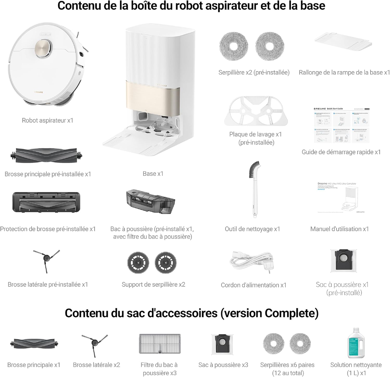 DREAME X40 Ultra Complete Robot Aspirateur avec Serpillière amovible et relevable, Brosse latérale surélevée,12 000 Pa,Serpillière et la Plaque de lavage avec de l'eau chaude à 70 C,Brosses relevables
