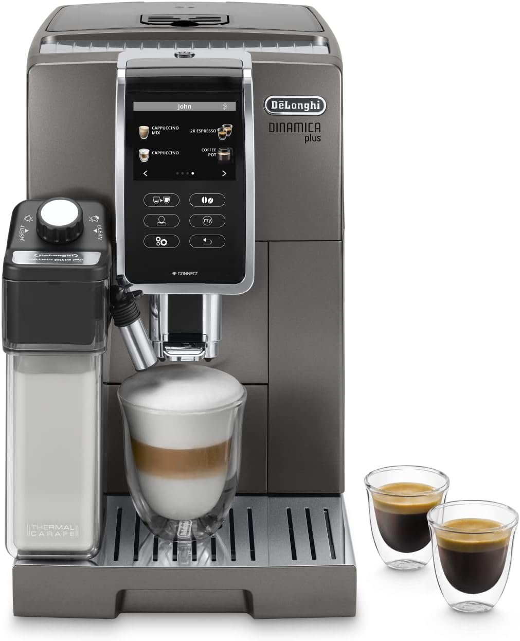 De'Longhi Dinamica Plus ECAM 370.95.T, Machine a Cafe Grain avec Système Lait, Cappuccino et Espresso, Écran Tactile TFT de 3.5 et Contrôle via Application, Fonction Carafe à Café, 1450W, Titan