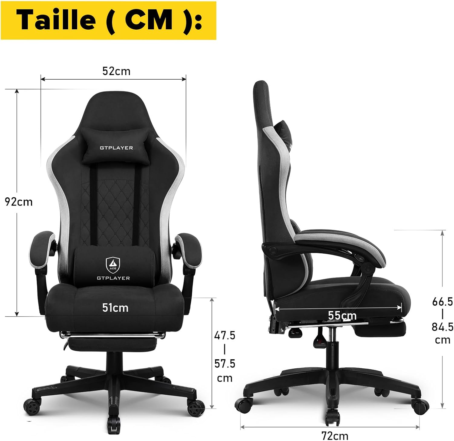 GTPLAYER Chaise Gaming Bureau Ergonomique Fauteuil Gaming Leathaire, accoudoir inclinable, avec Repose-Pieds Noir