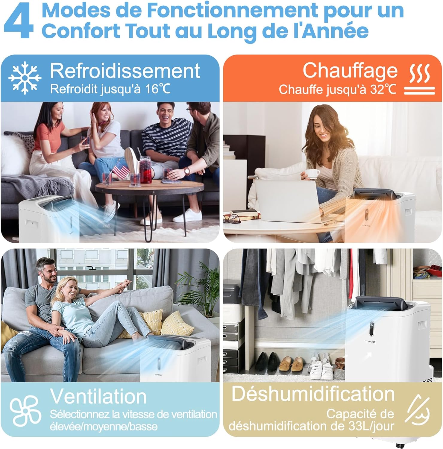 COSTWAY Climatiseur Mobile Silencieux 16000BTU, 5 EN 1,Refroidissement,Chauffage,Ventilateur,Déshumidificateur,Mode Nuit,Climatisation Rapide,Clim Mobile