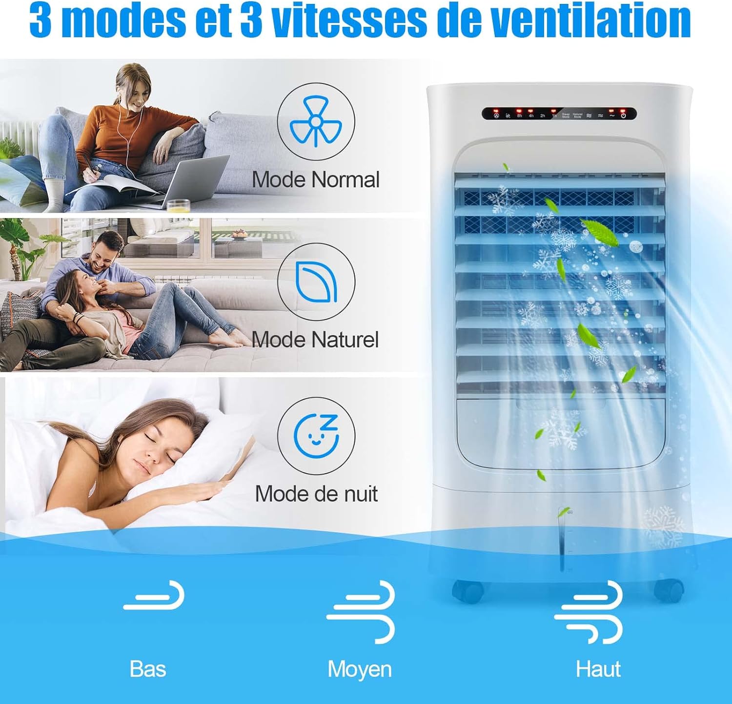 RELAX4LIFE Rafraîchisseur d’Air Mobile avec Humidificateur et Purificateur, 3 Mode de Vitesse, Climatiseur avec Réservoir d'Eau 8L et Filtre Amovible et Lavable pour Chambre, Bureau, Salon